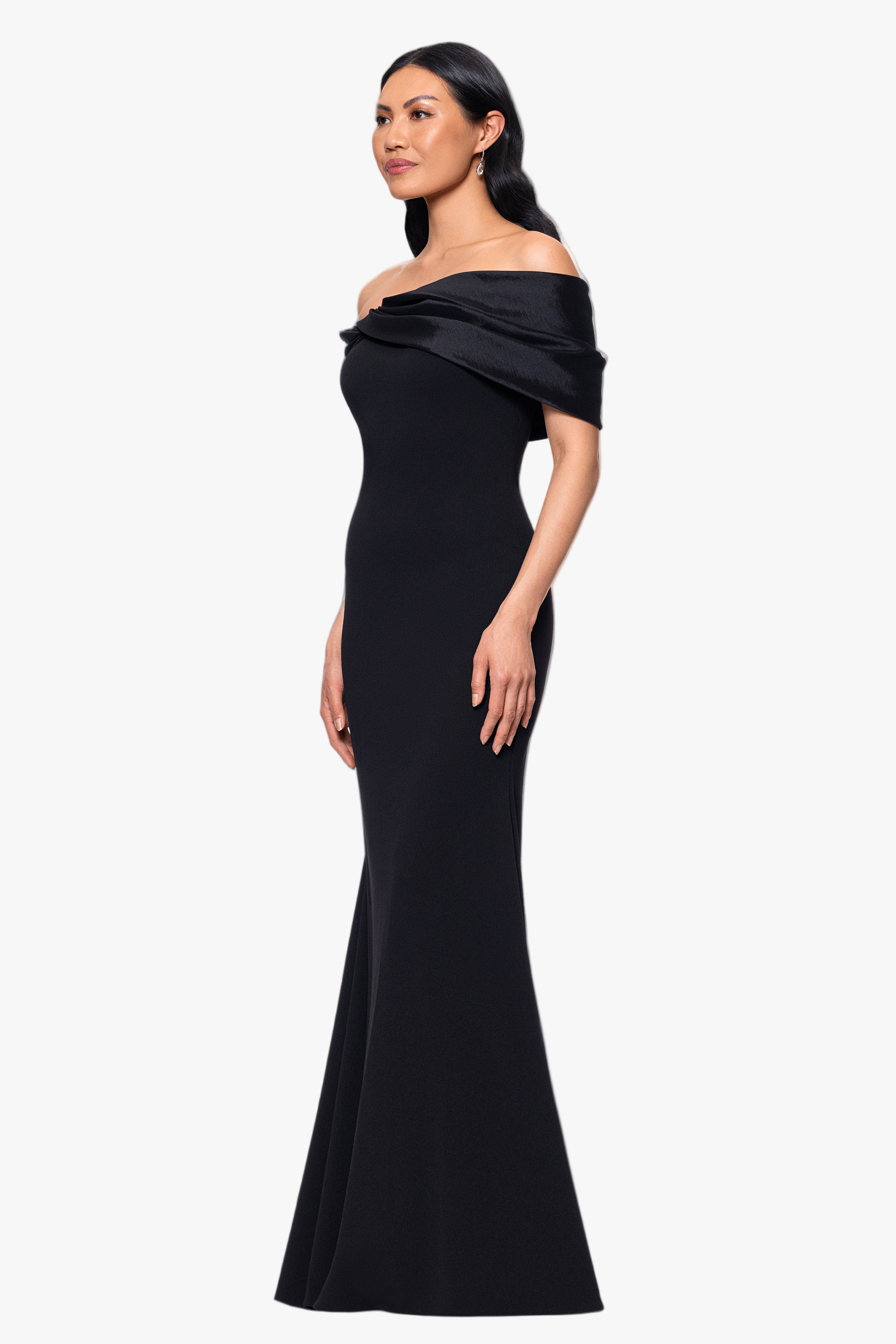 Betsy & Adam "Michelle" Scuba Crepe Off the Shouler Taffeta Trim Floor Length Dress
