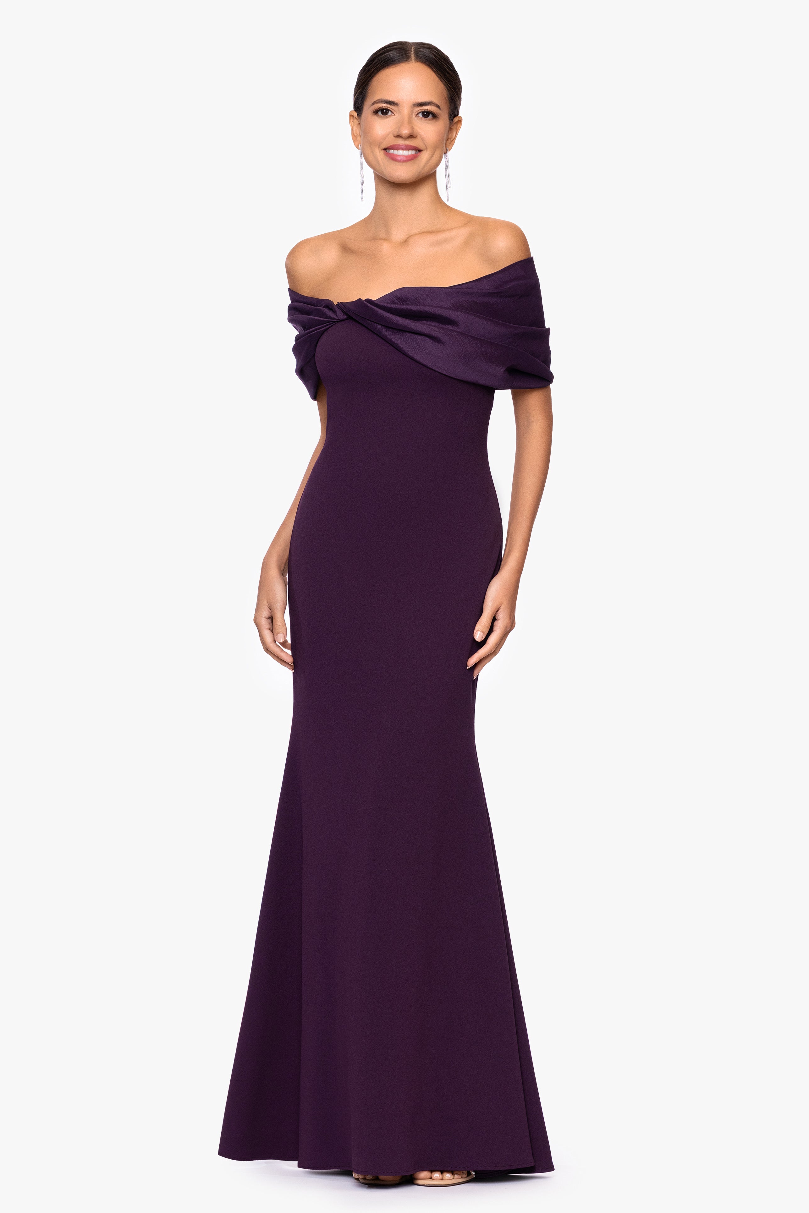 Betsy & Adam "Michelle" Scuba Crepe Off the Shouler Taffeta Trim Floor Length Dress