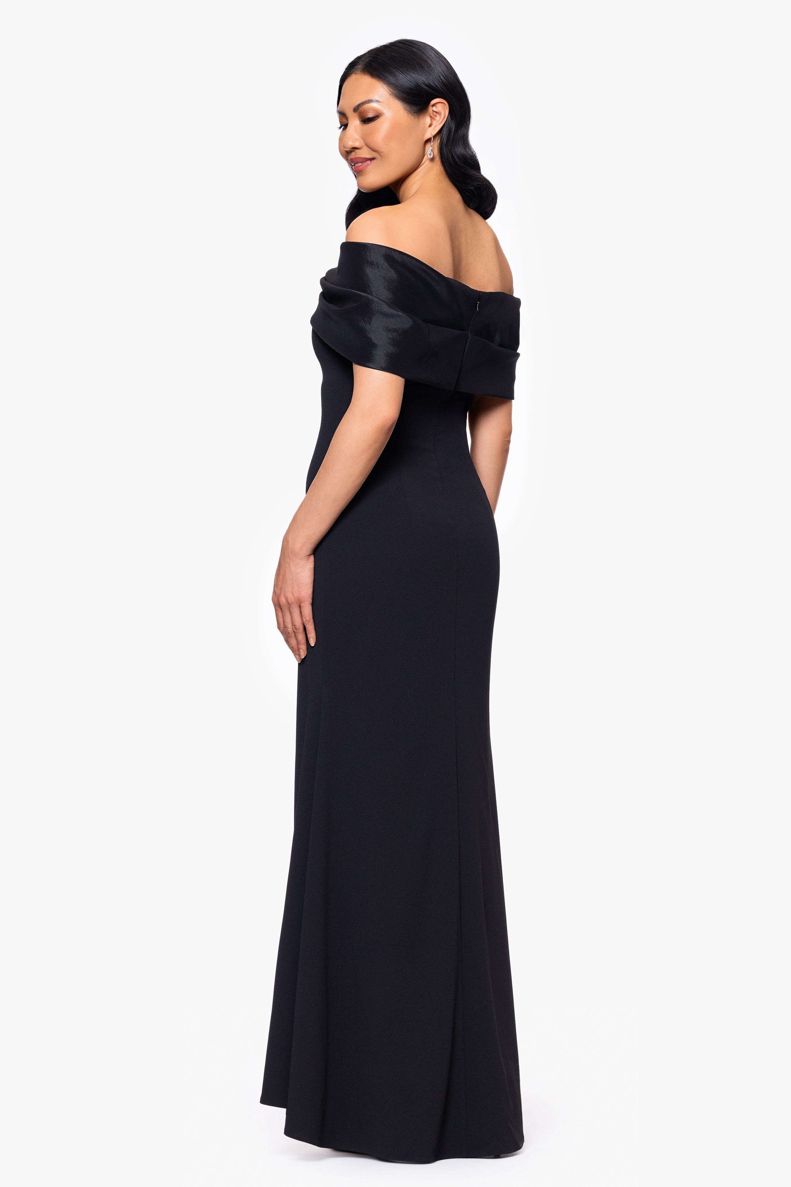 Betsy & Adam Petite "Michelle" Scuba Crepe Off the Shouler Taffeta Trim Floor Length Dress