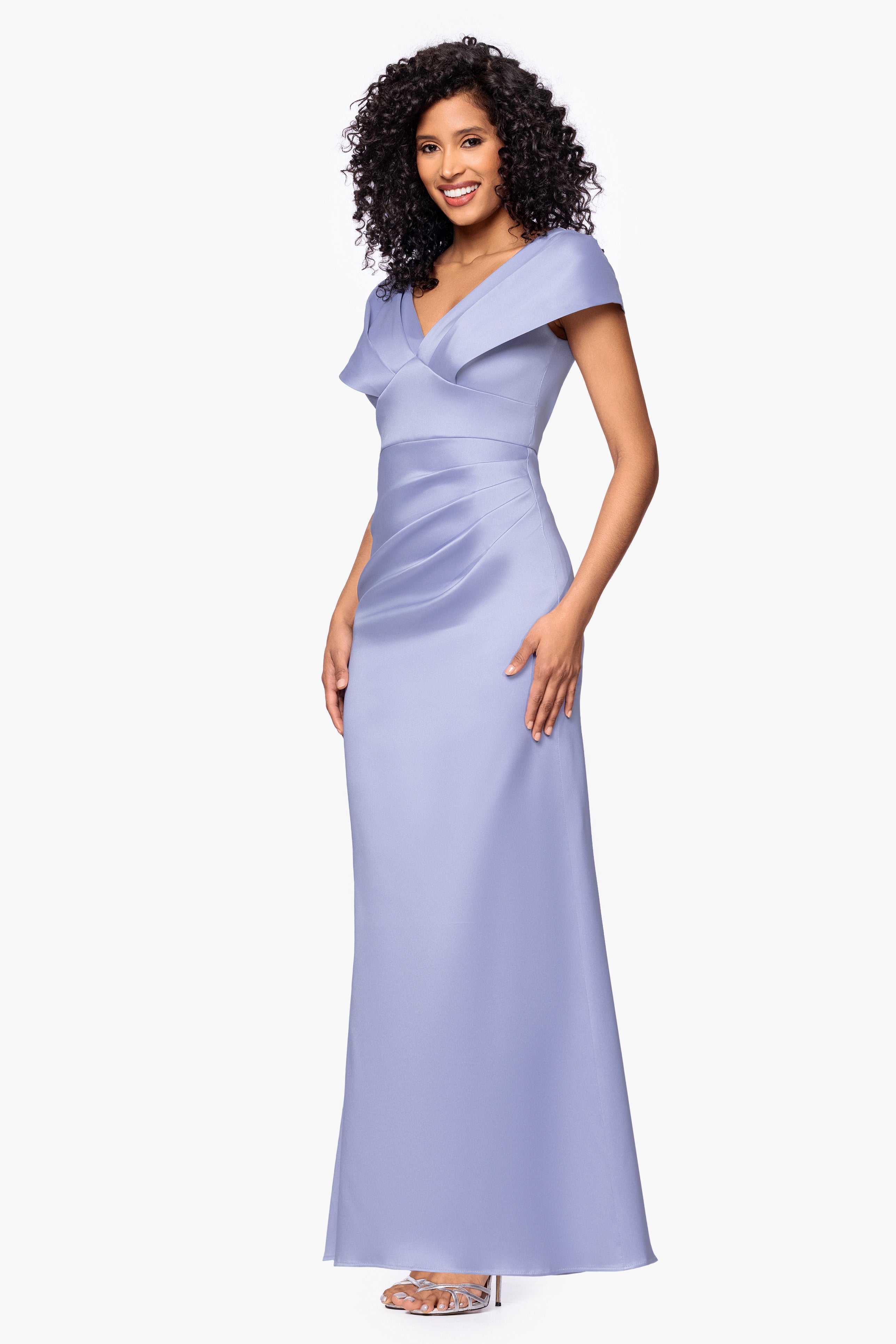 Betsy & Adam Petite "Rosa" Mikado V-Neck Floor Length Dress