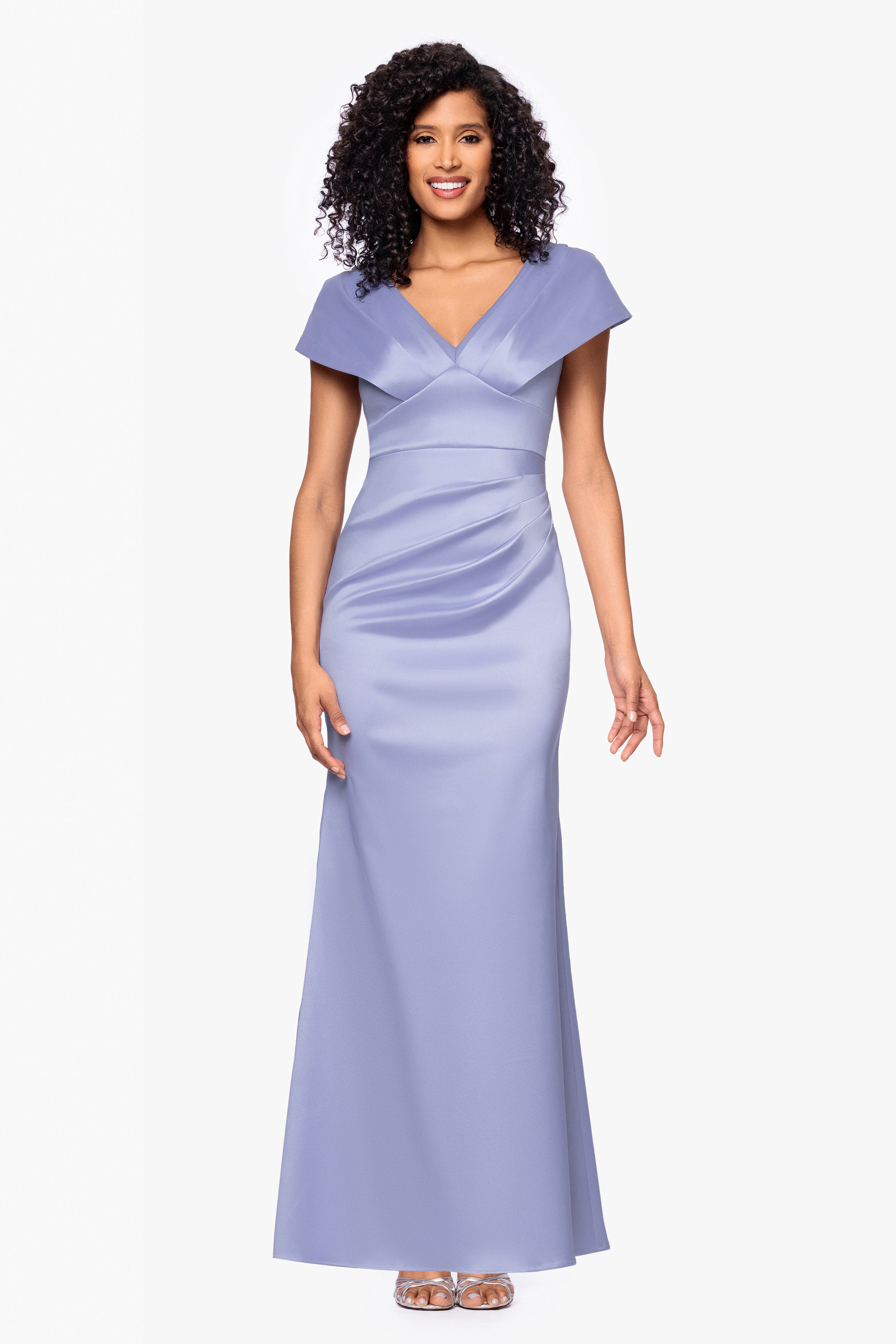 Betsy & Adam Petite "Rosa" Mikado V-Neck Floor Length Dress