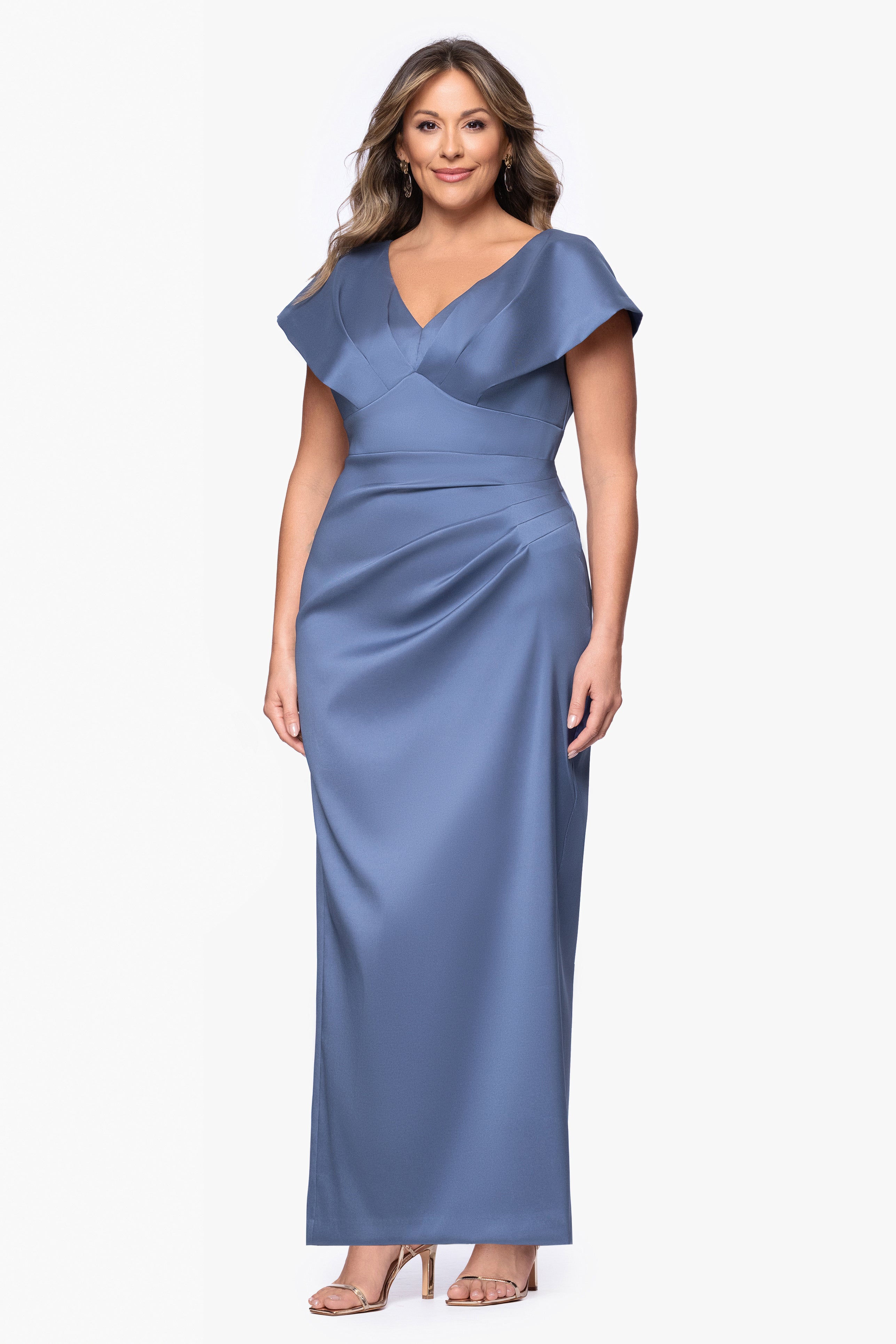 Betsy & Adam Plus "Rosa" Mikado V-Neck Floor Length Dress