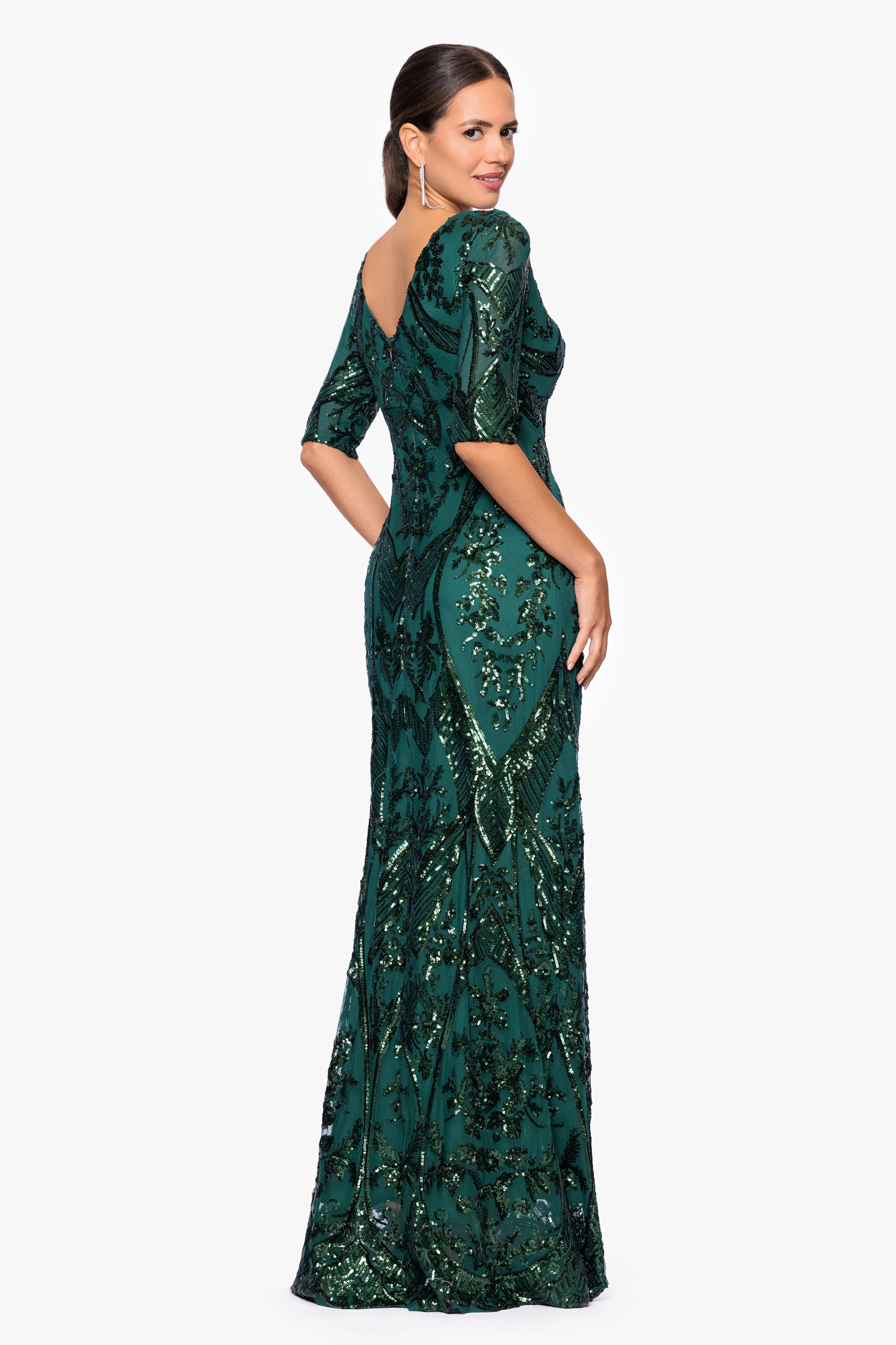 Betsy & Adam "Samara" Sequin V-Neck Floor Length Dress