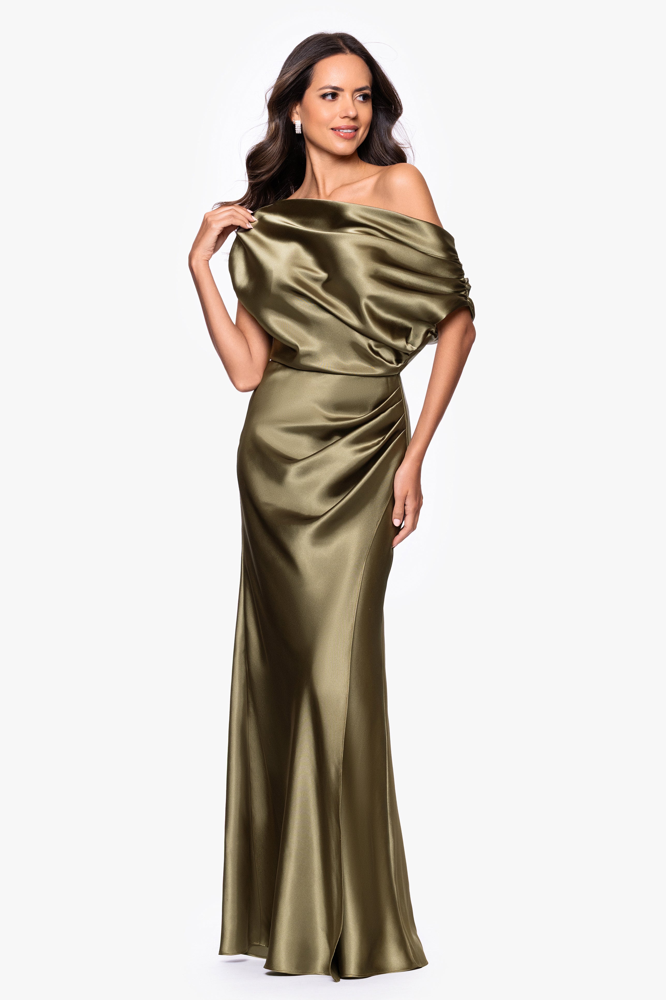 Betsy & Adam "Sofia" Satin Drop Shoulder Floor Length Dress