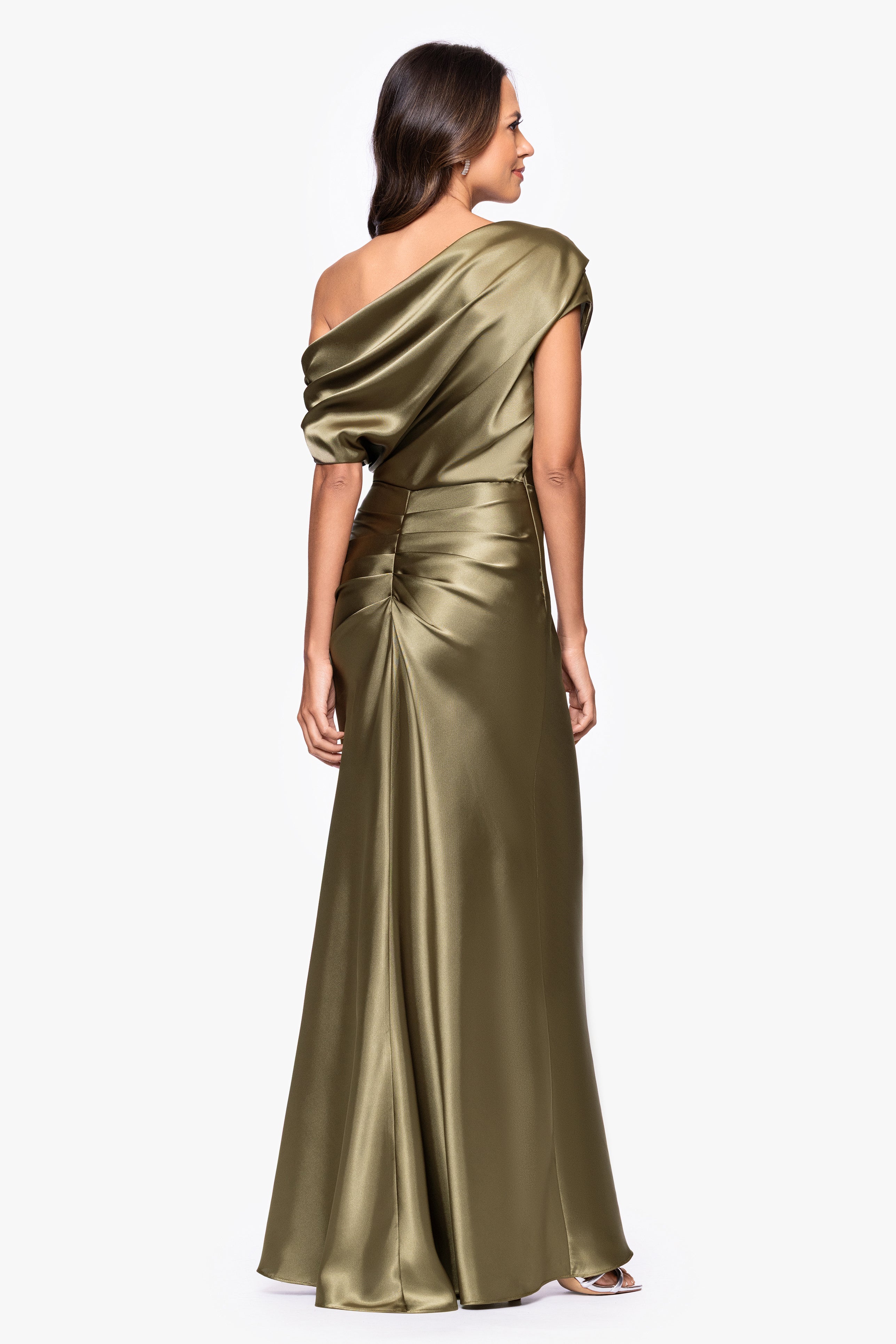 Betsy & Adam "Sofia" Satin Drop Shoulder Floor Length Dress