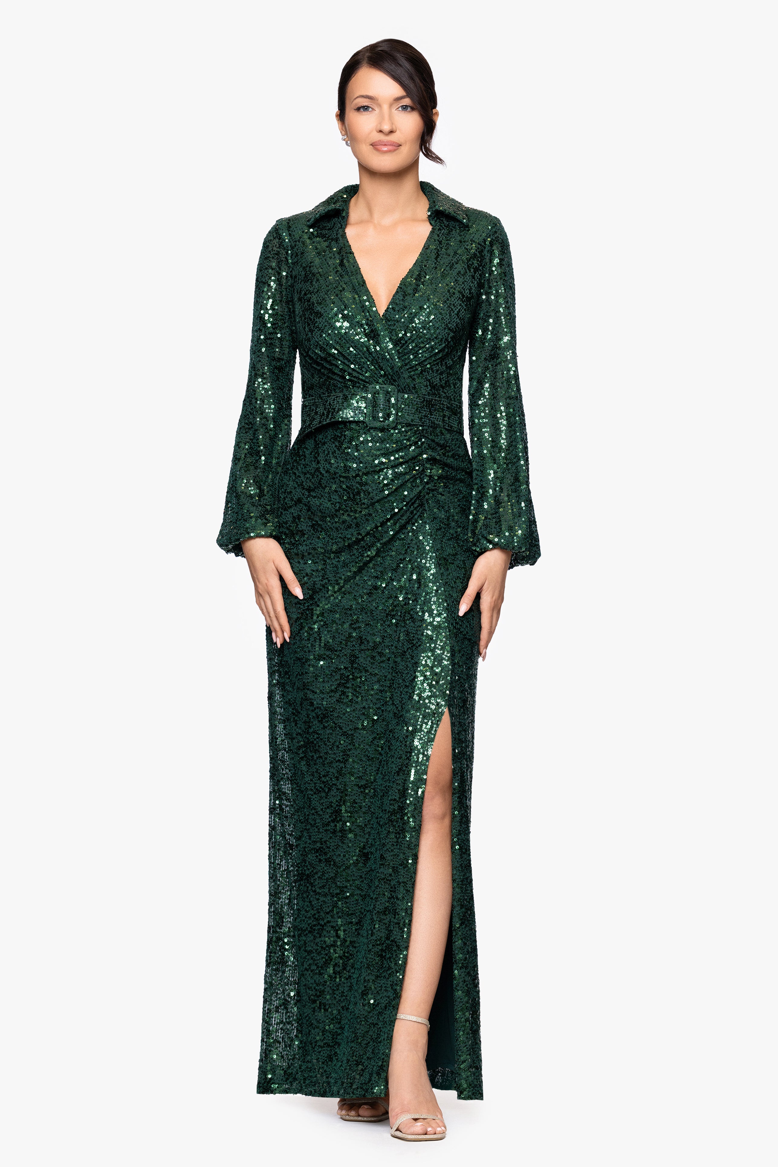 Betsy & Adam "Yulissa" Sequin Collared Long Sleeve Floor Length Dress
