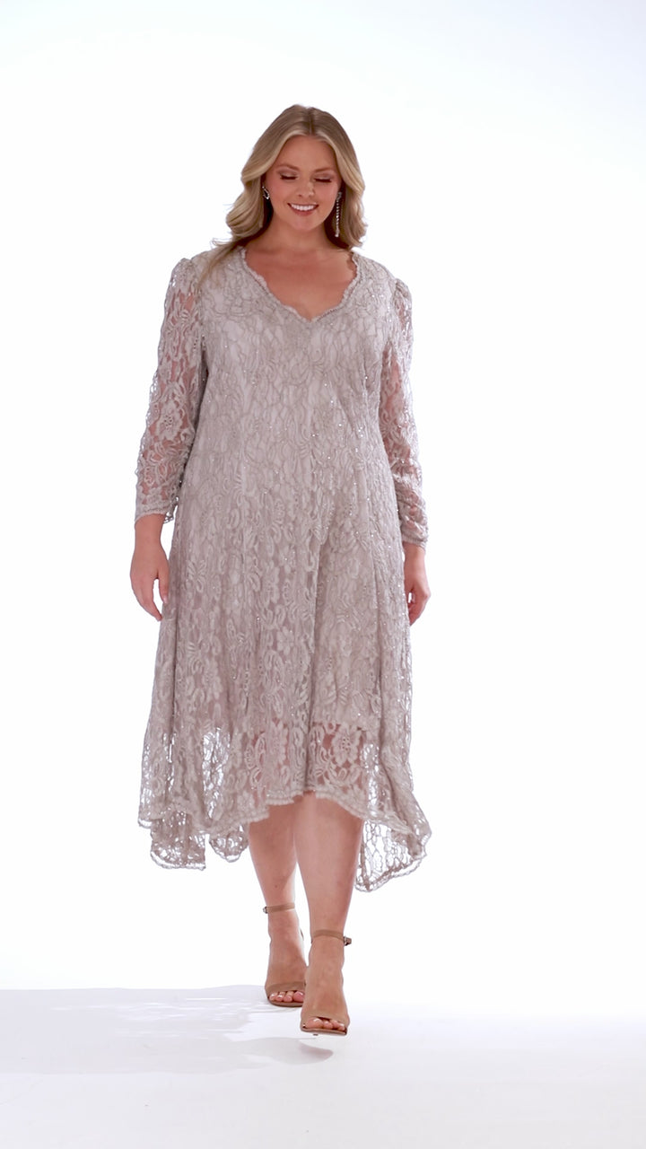 Plus "Jodi" Long Sleeve Lace Asymmetrical Hem Midi Dress