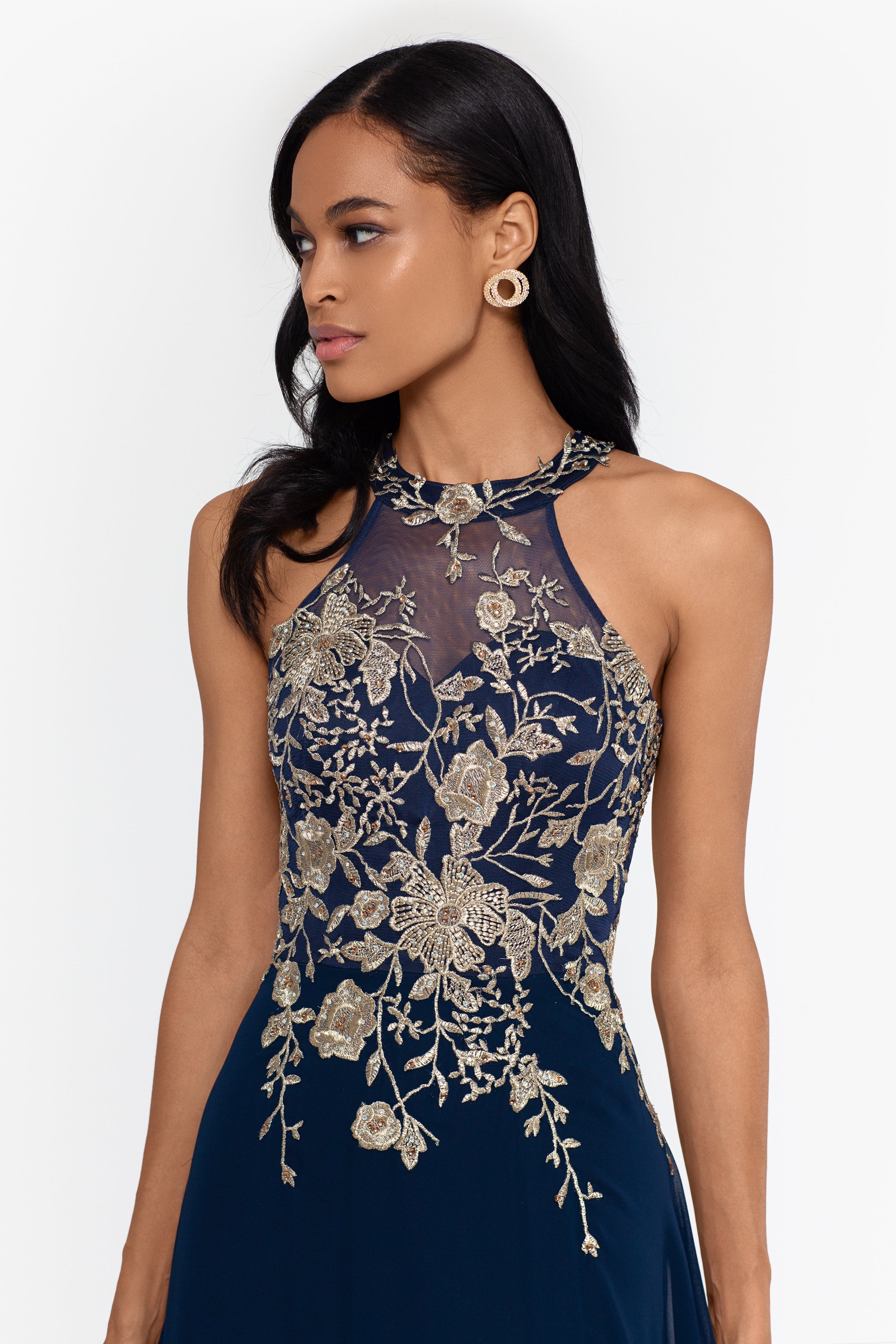 "Celeste" Long Embroidered Chiffon Gown - Betsy & Adam