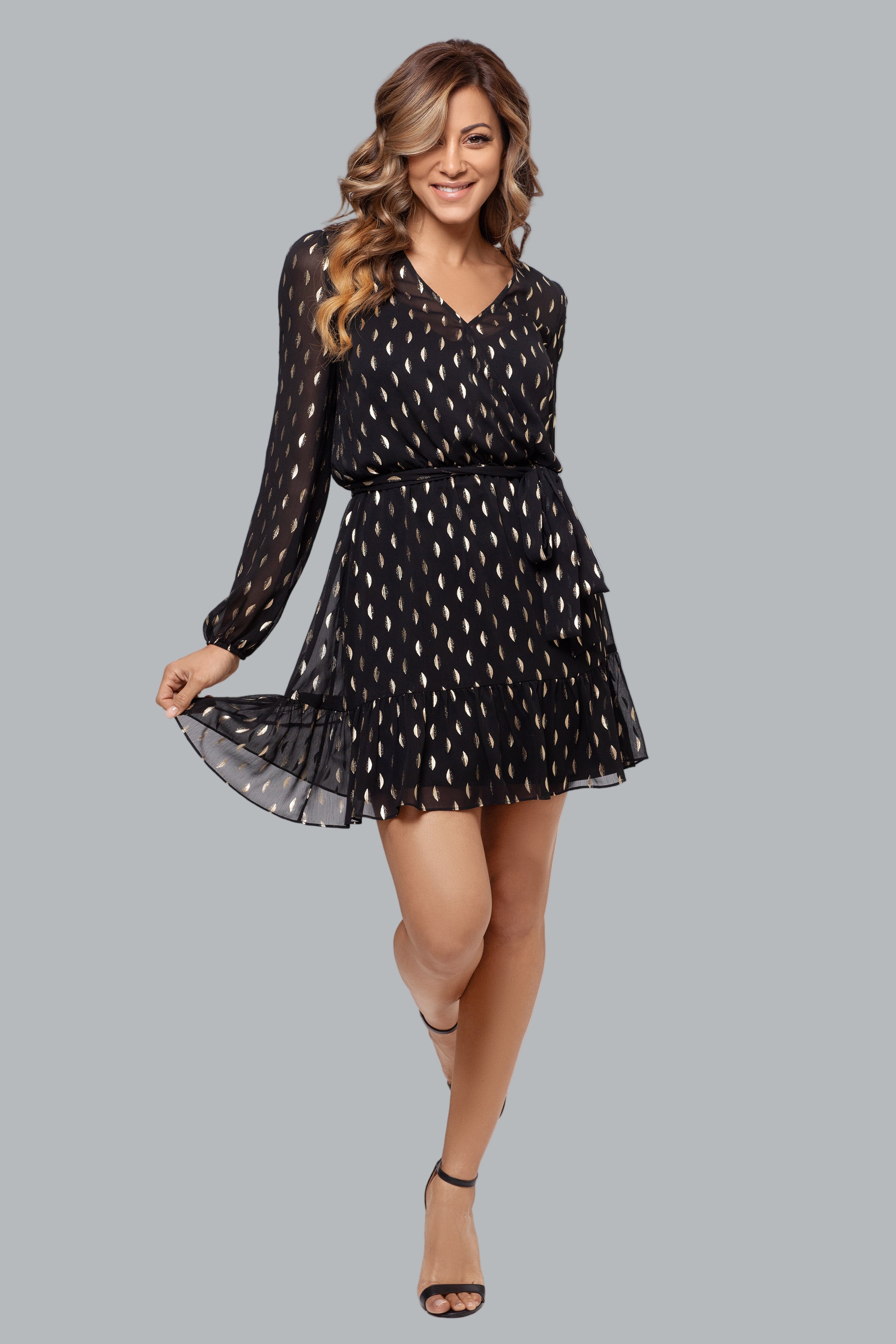 "Lucia" Short Long Sleeve V Neck with Belt Tie Dress