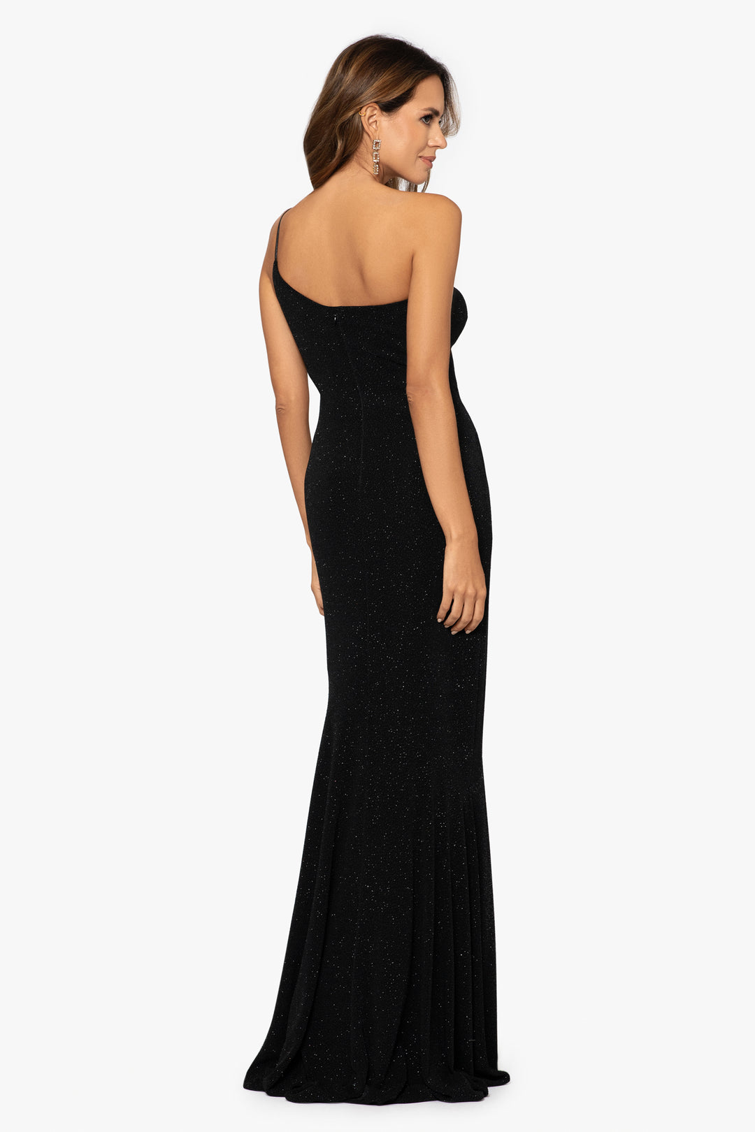 "Claudia" Long One Shoulder Glitter Side Cut Out Dress