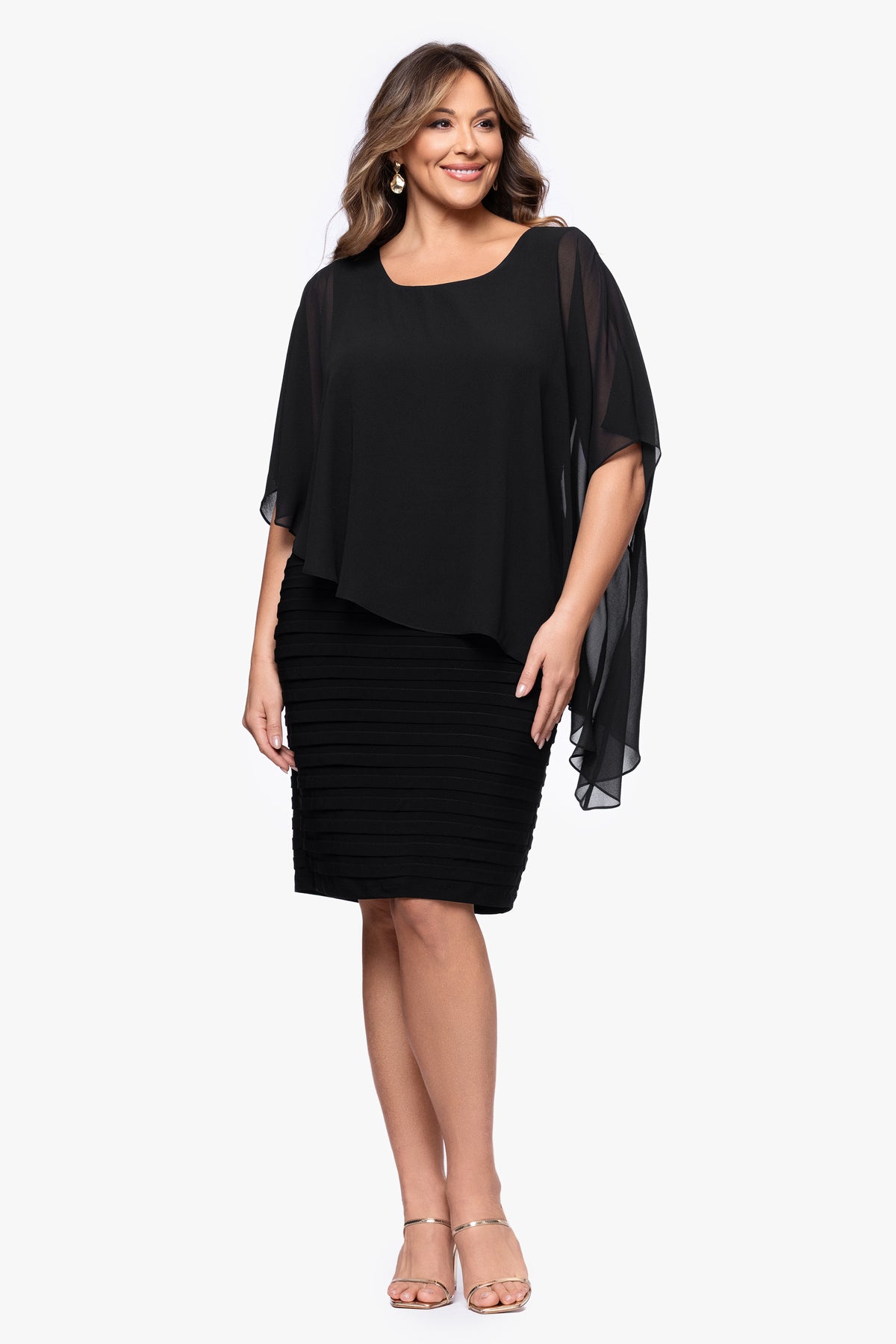 Plus "Charlotte" Jersey Knit Chiffon Cape Shutter Dress
