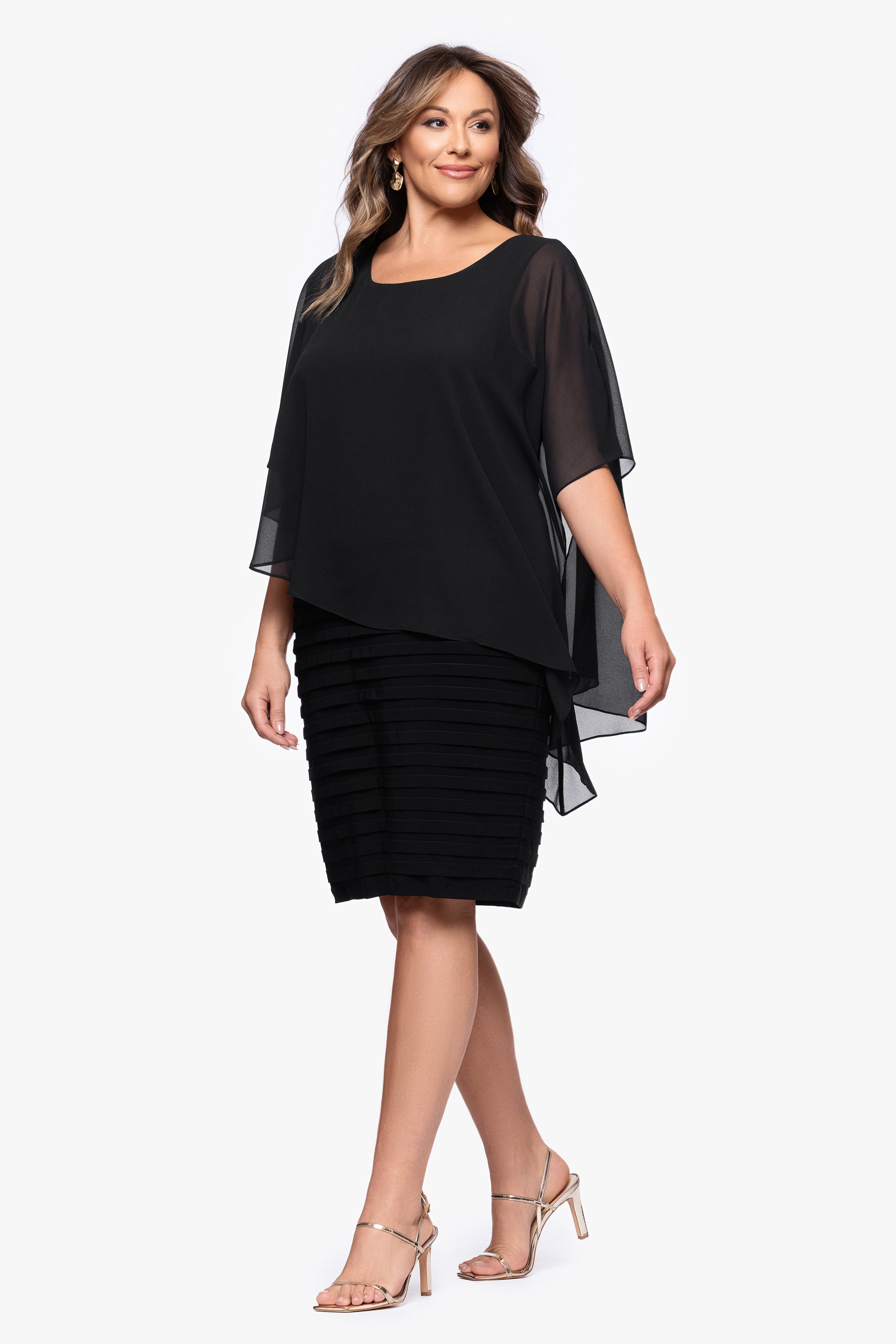 Plus "Charlotte" Short Chiffon Cape Scuba Crepe Shutter Dress