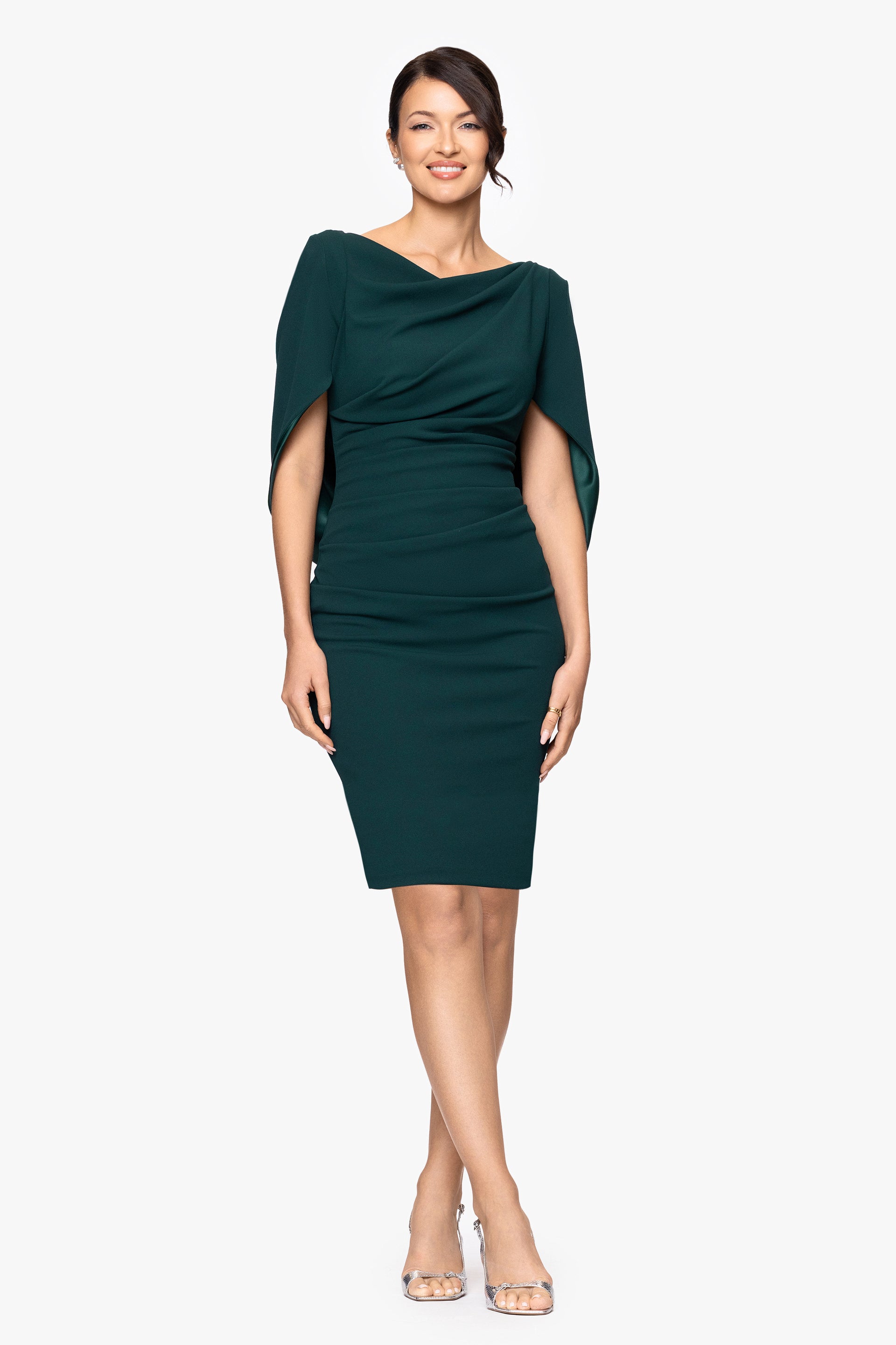 Petite "Jordan" Scuba Crepe Draped Back Short Dress