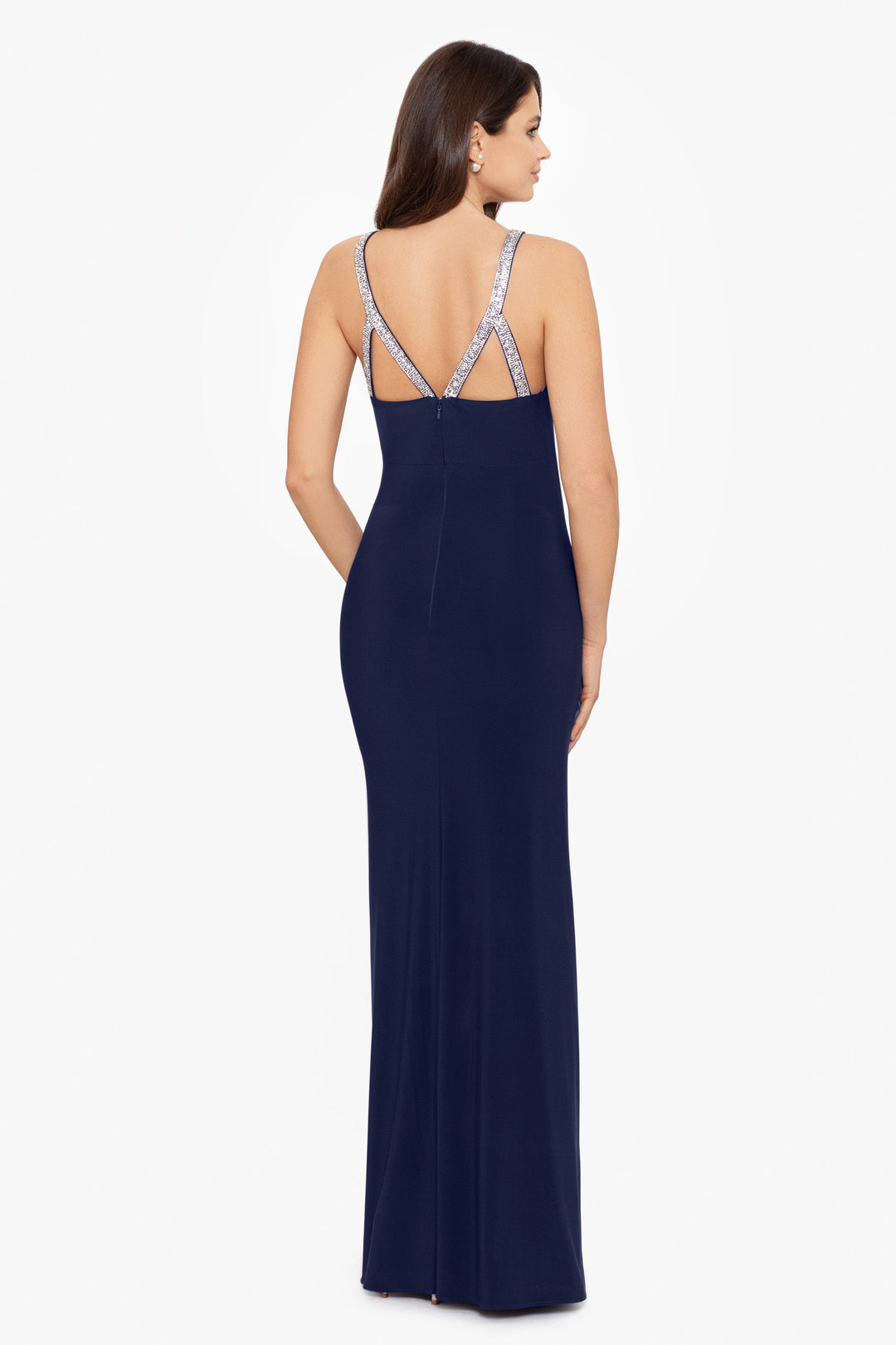 "Jayleen" High Neck Side Ruched Stretch Knit Gown