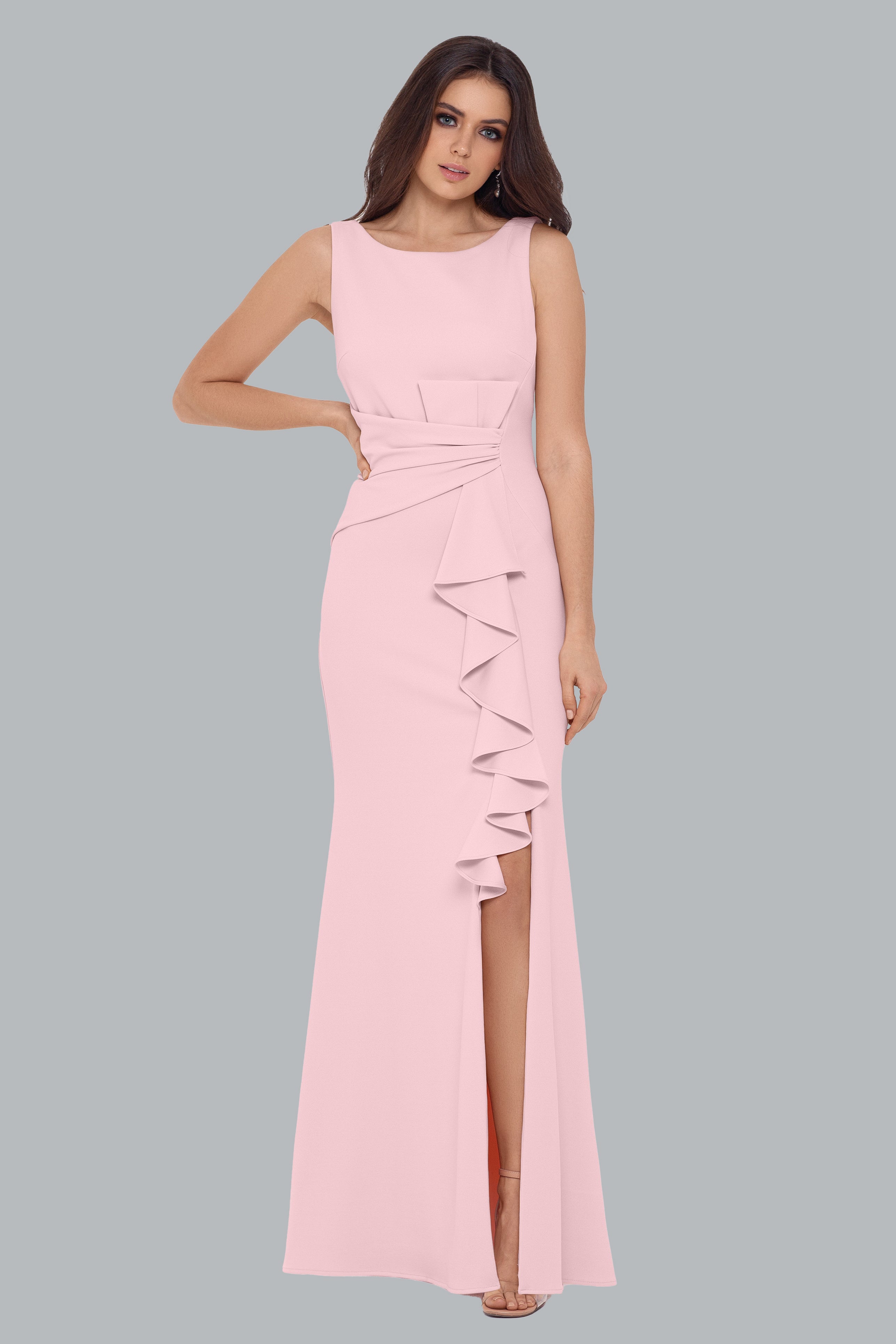 "Christine" Scuba Crepe Ruffled Bow Gown