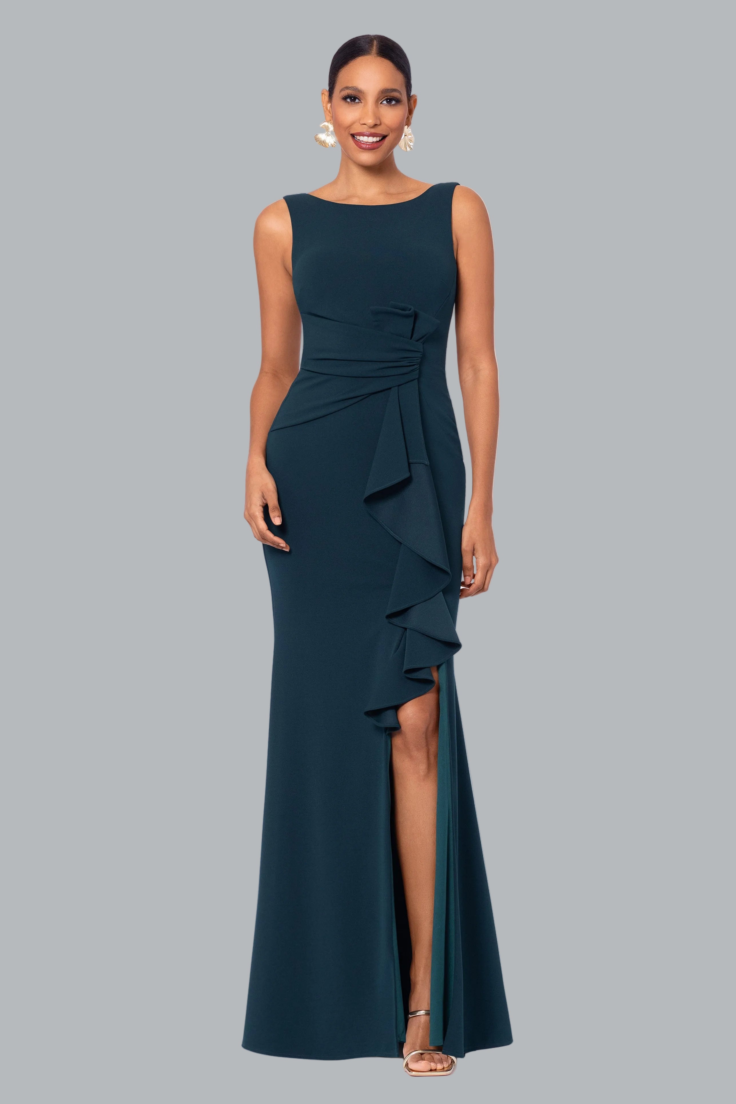 "Christine" Scuba Crepe Ruffled Bow Gown