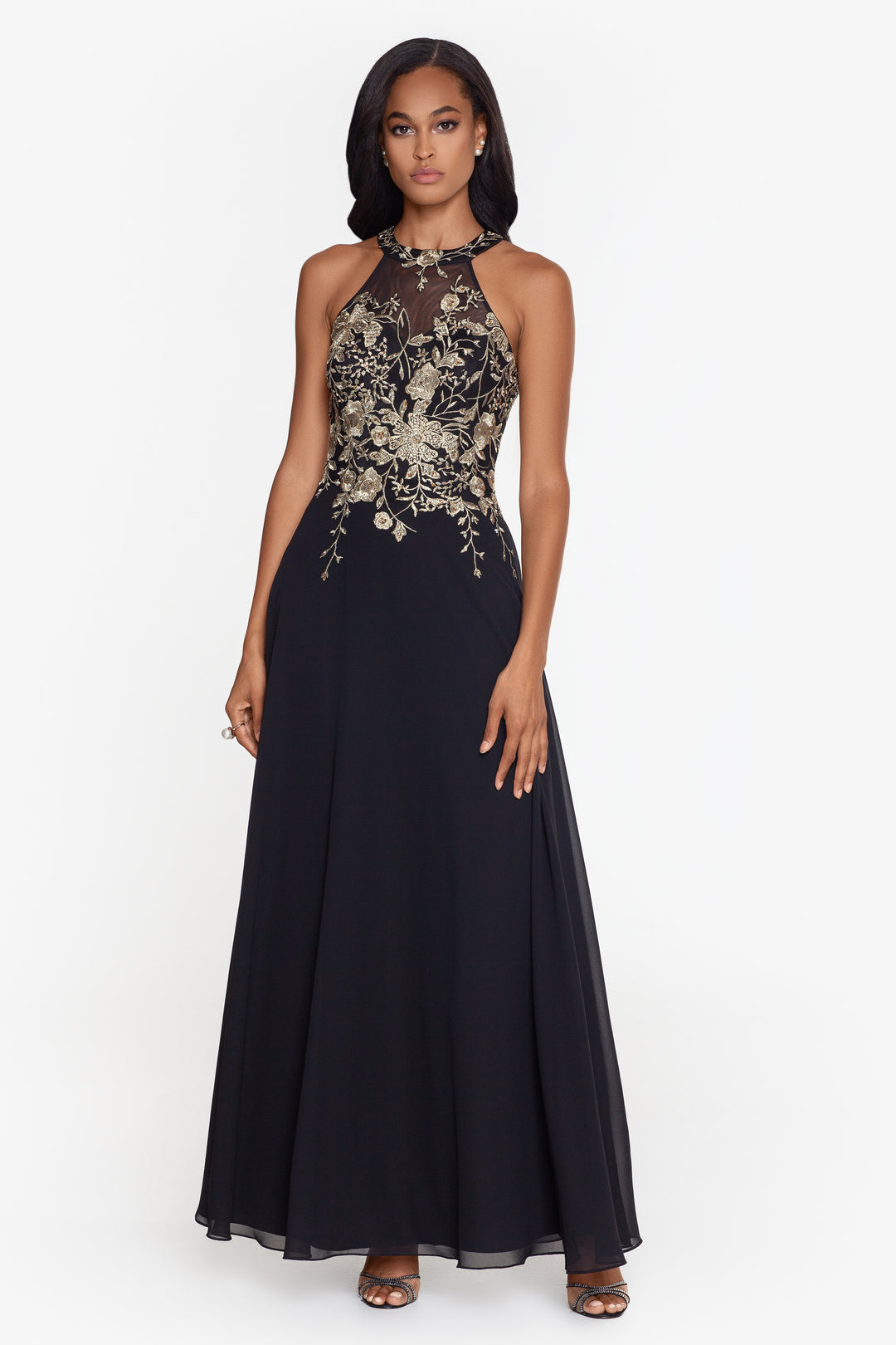Petite "Celeste" Long Embroidered Chiffon Gown