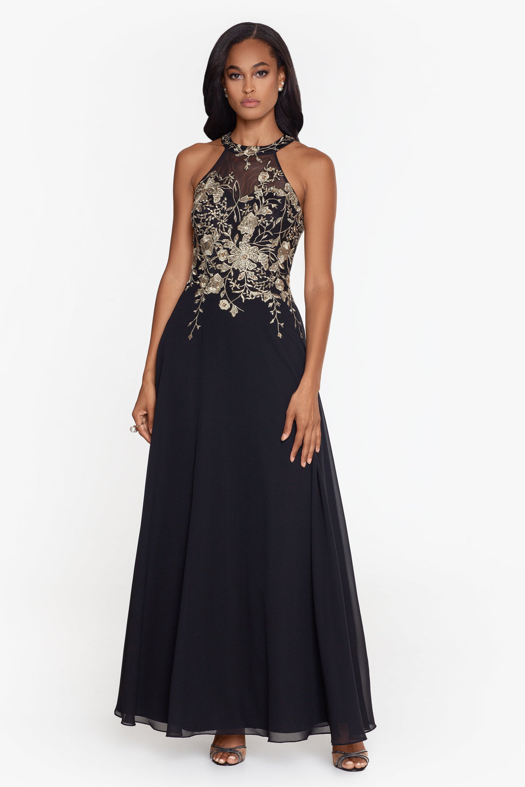 "Celeste" Long Embroidered Chiffon Gown Betsy & Adam