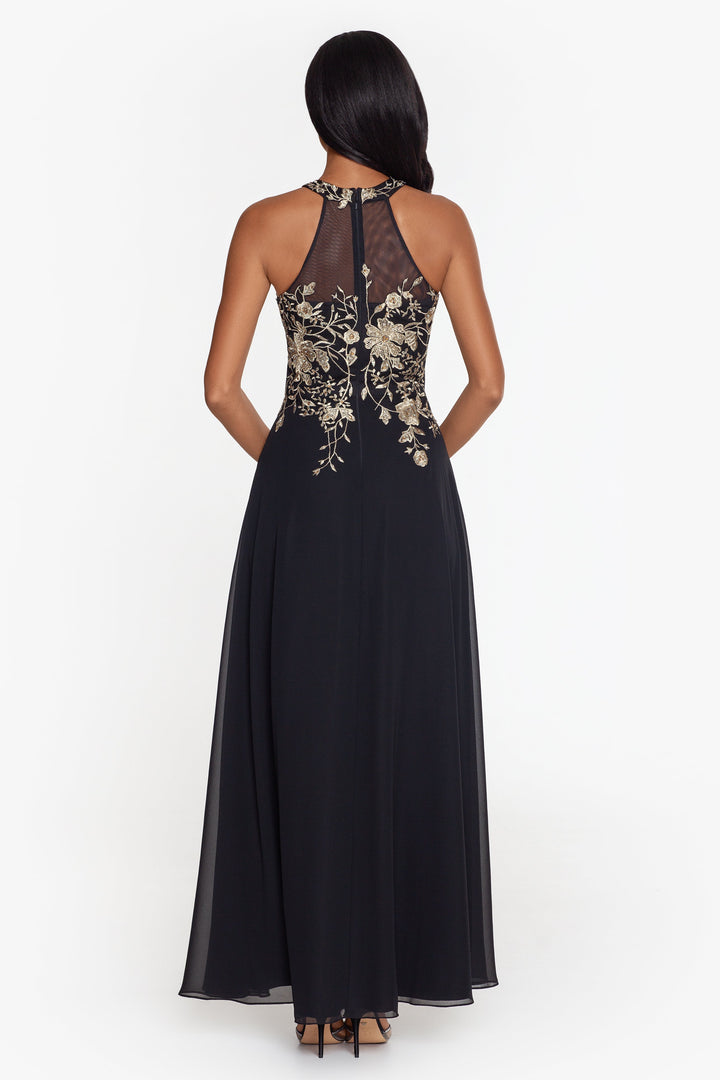 "Celeste" Long Embroidered Chiffon Gown - Betsy & Adam