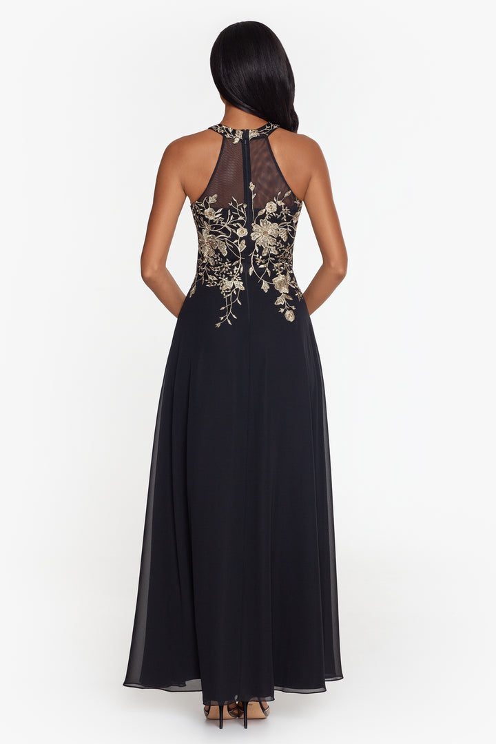 Petite "Celeste" Long Embroidered Chiffon Gown