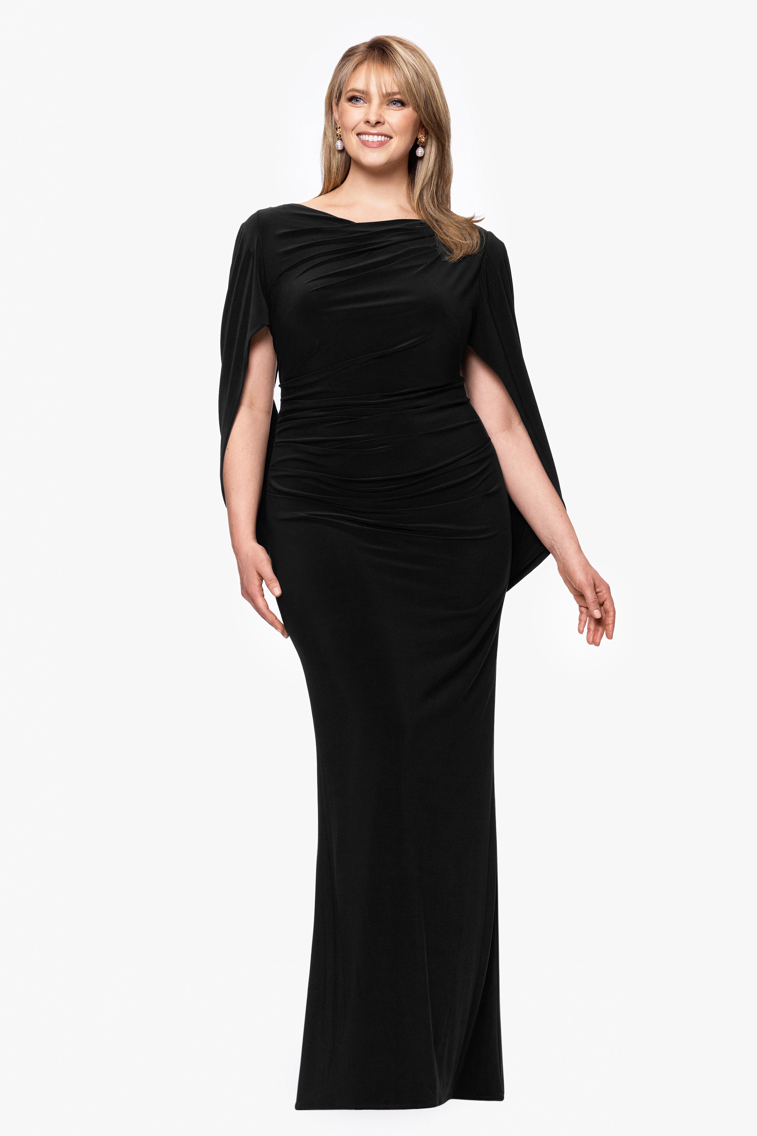Plus “Miriam” Jersey Knit Draped Back Dress | Betsy & Adam