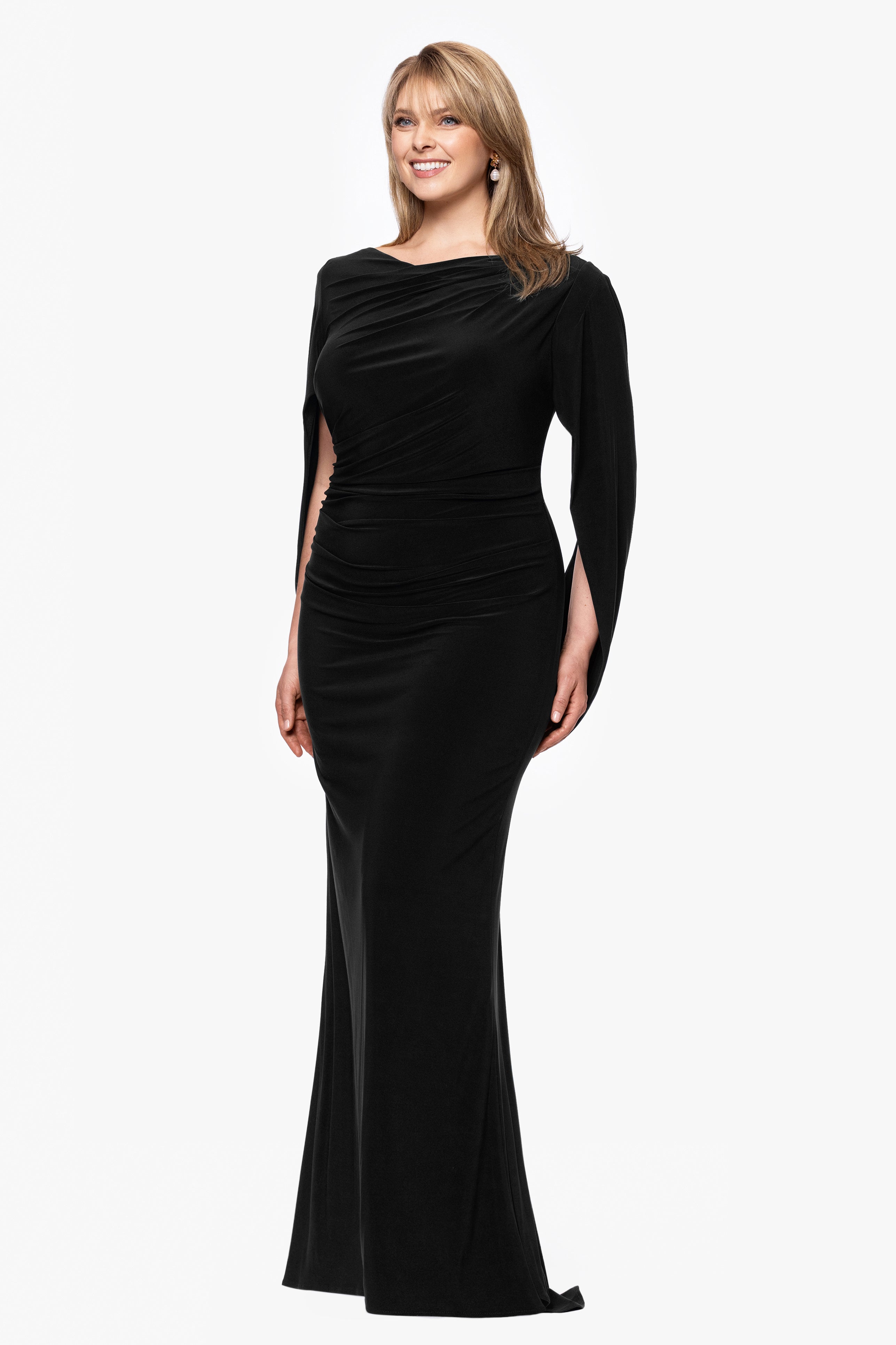 Plus “Miriam” Jersey Knit Draped Back Dress | Betsy & Adam
