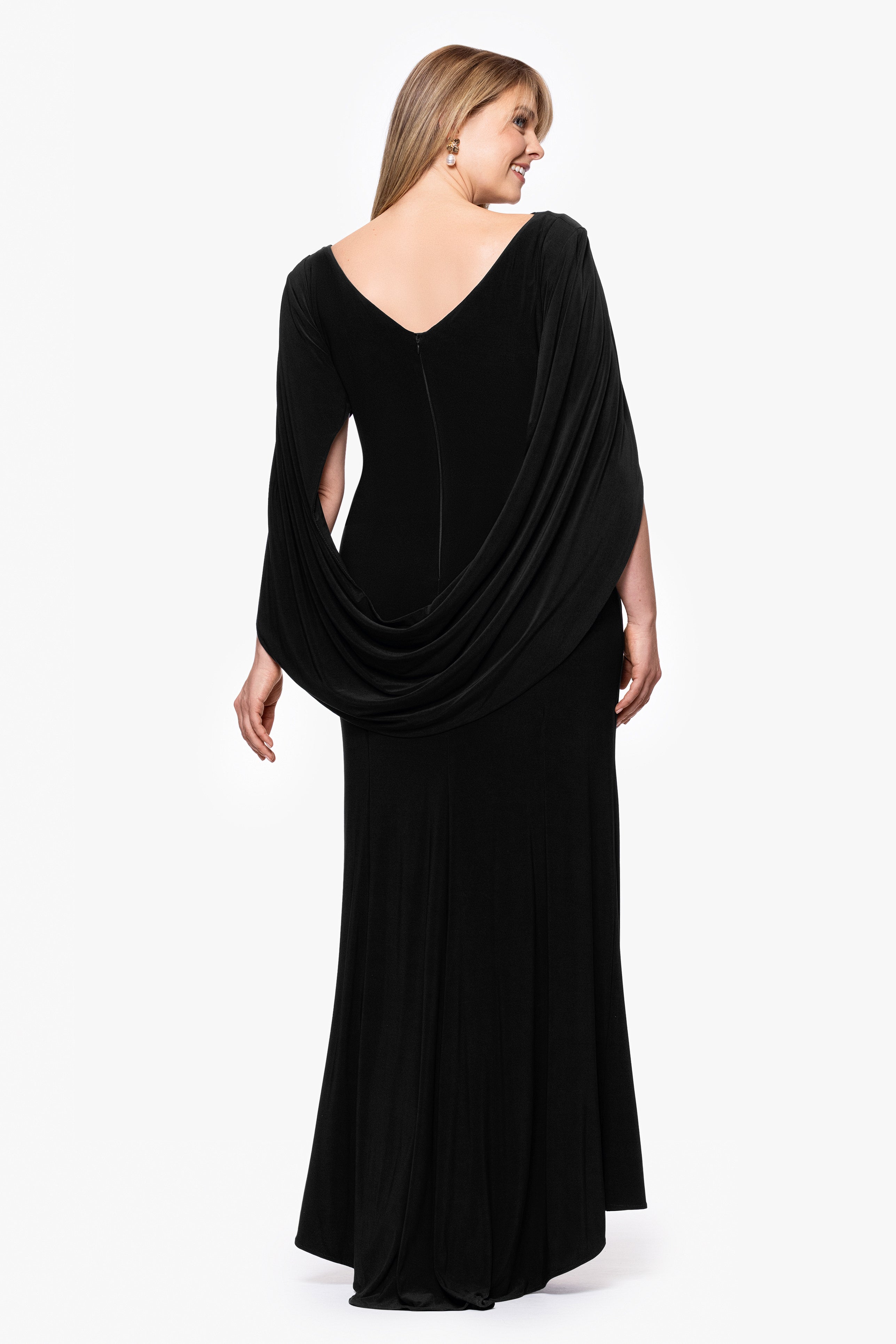 Plus “Miriam” Jersey Knit Draped Back Dress