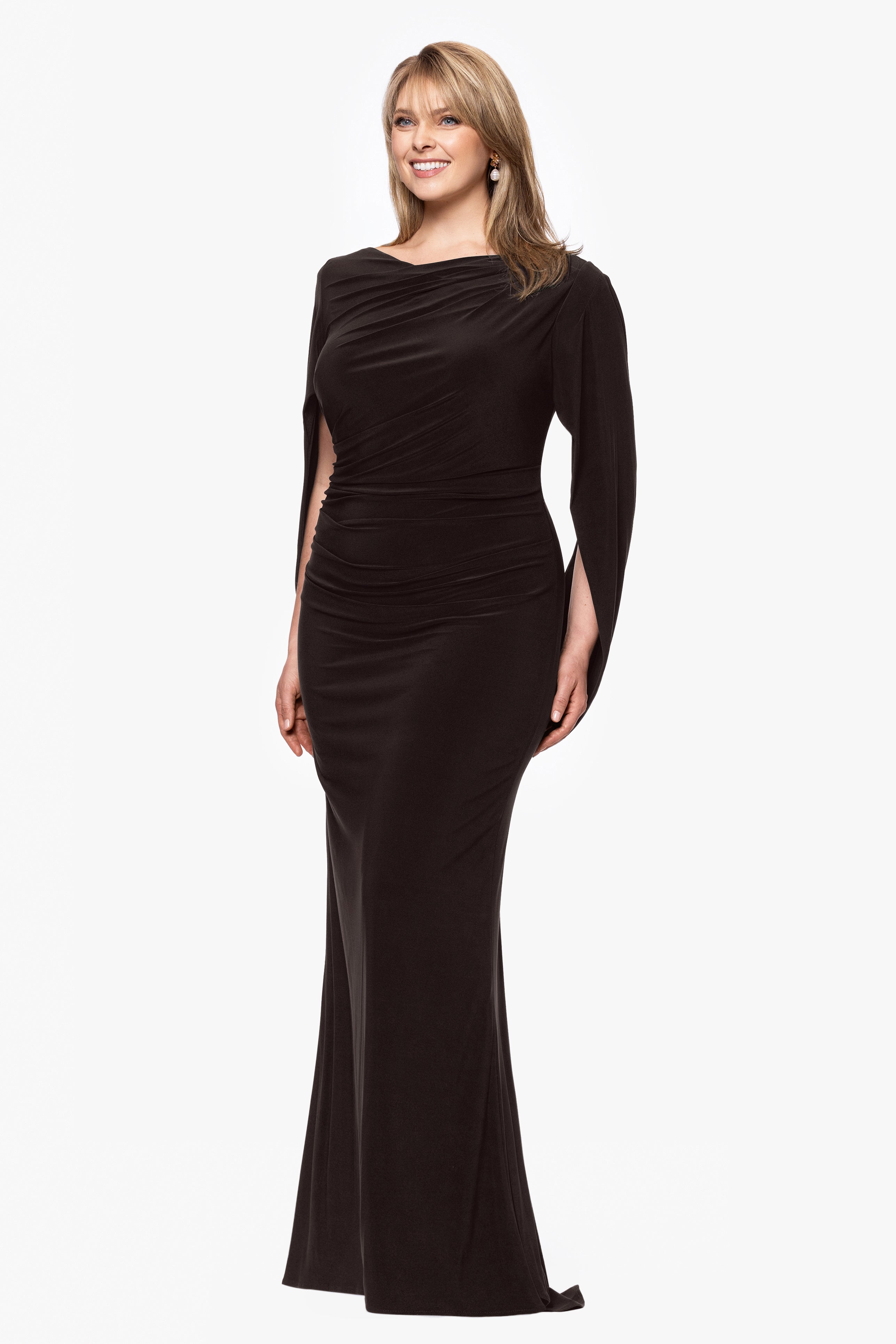 Plus “Miriam” Jersey Knit Draped Back Dress
