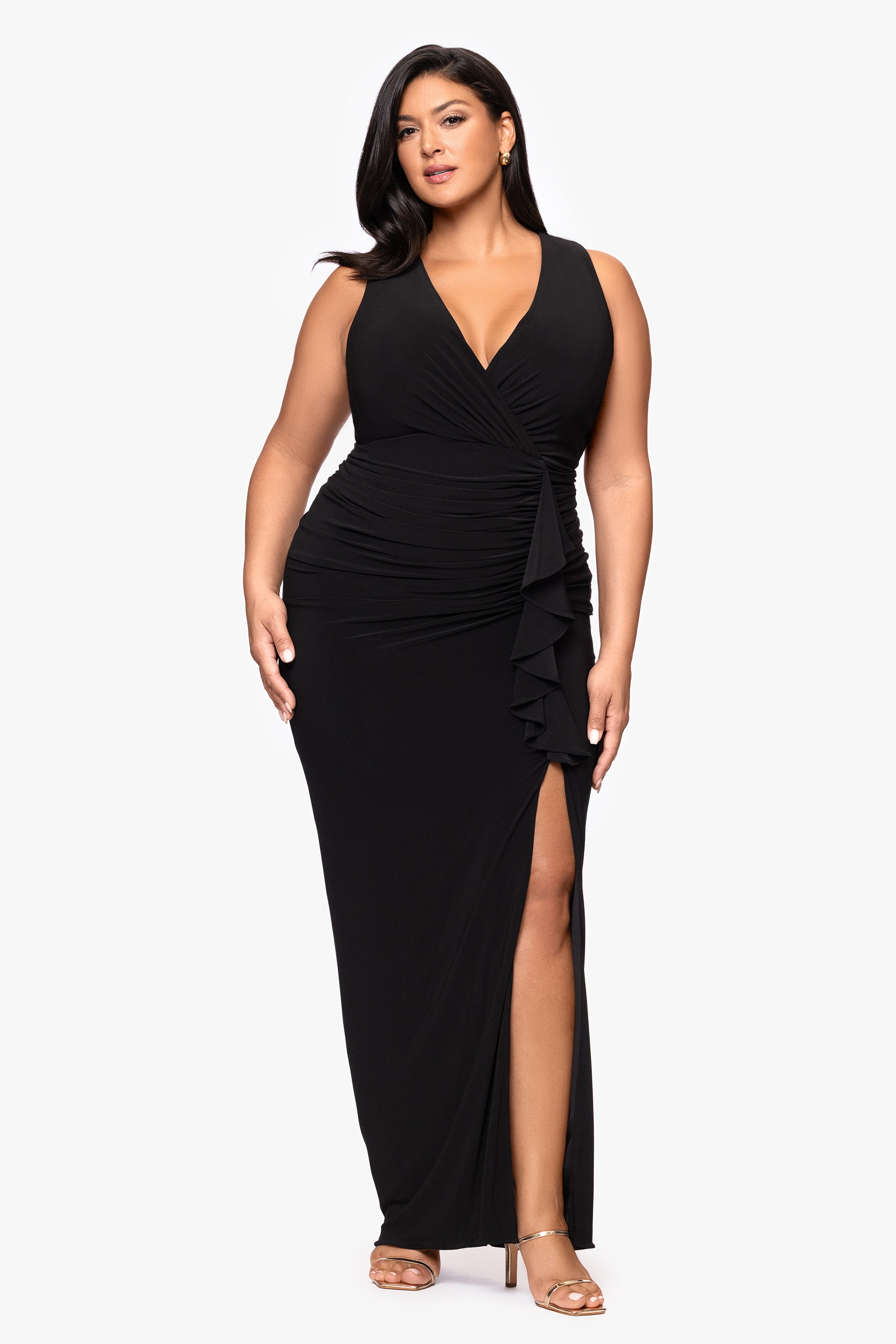 Plus "Bobbi" Long Ruffled V-Neck Gown