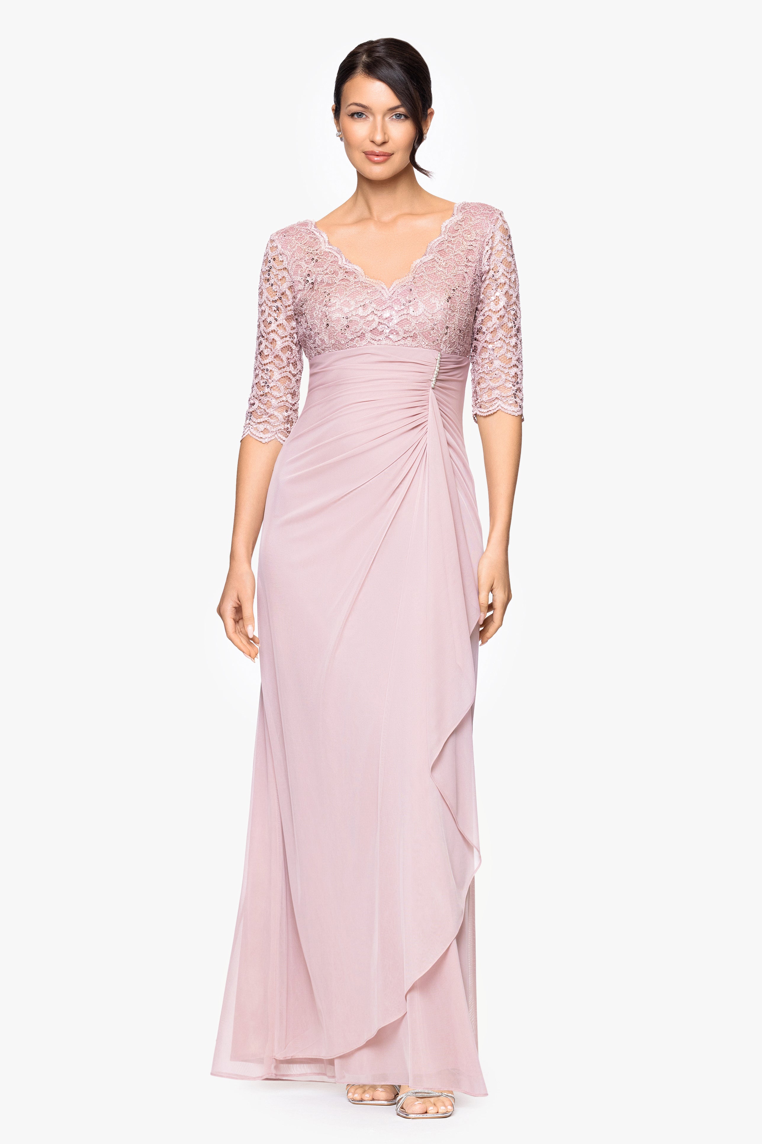 "Johanna" 3/4 Sleeve Sheer Matte Jersey Long Dress