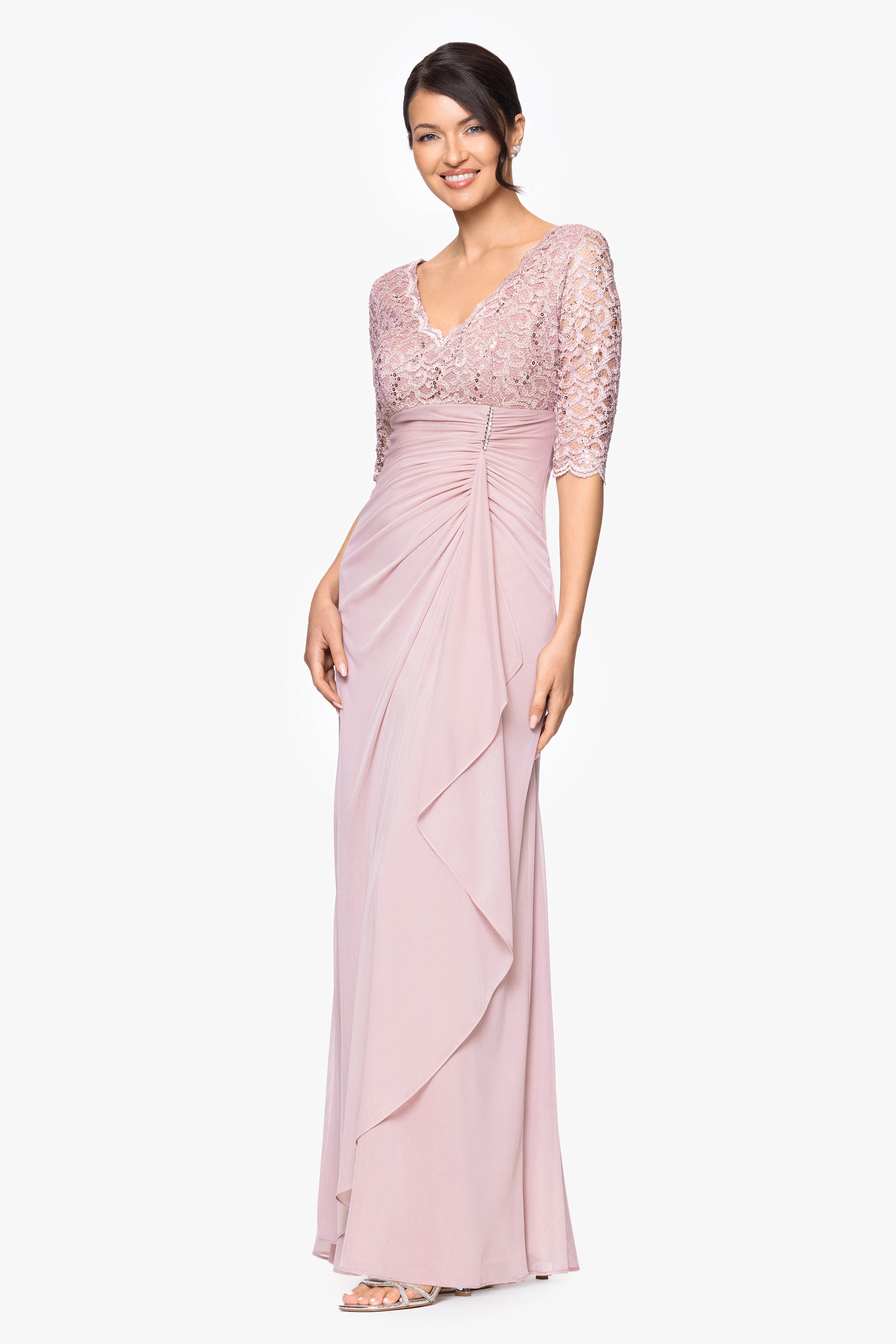 "Johanna" 3/4 Sleeve Sheer Matte Jersey Long Dress