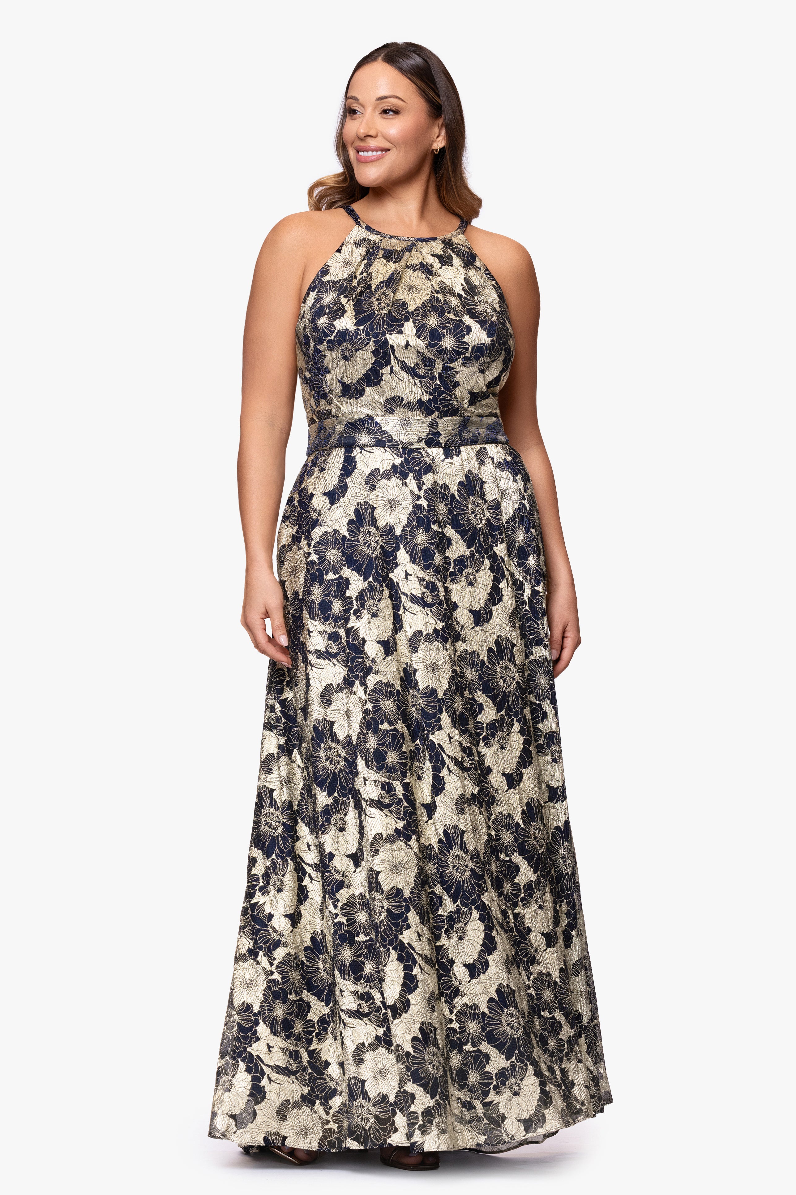 Plus "Layla" Long Halter Top Wrap Foil Print Dress