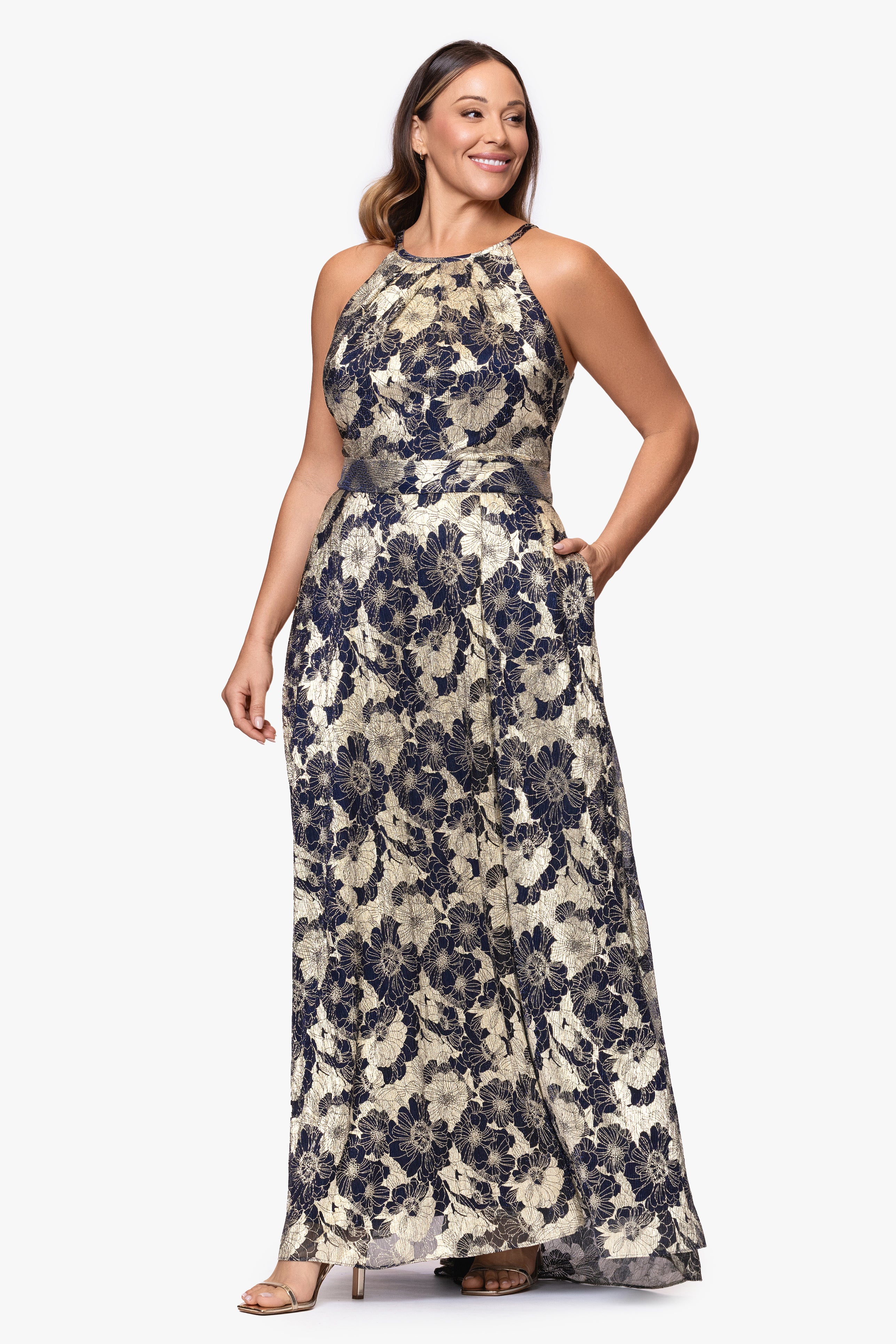 Plus "Layla" Long Halter Top Wrap Foil Print Dress