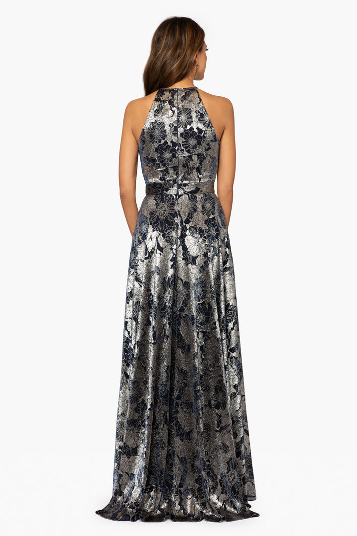 "Layla" Long Halter Top Wrap Foil Print Dress