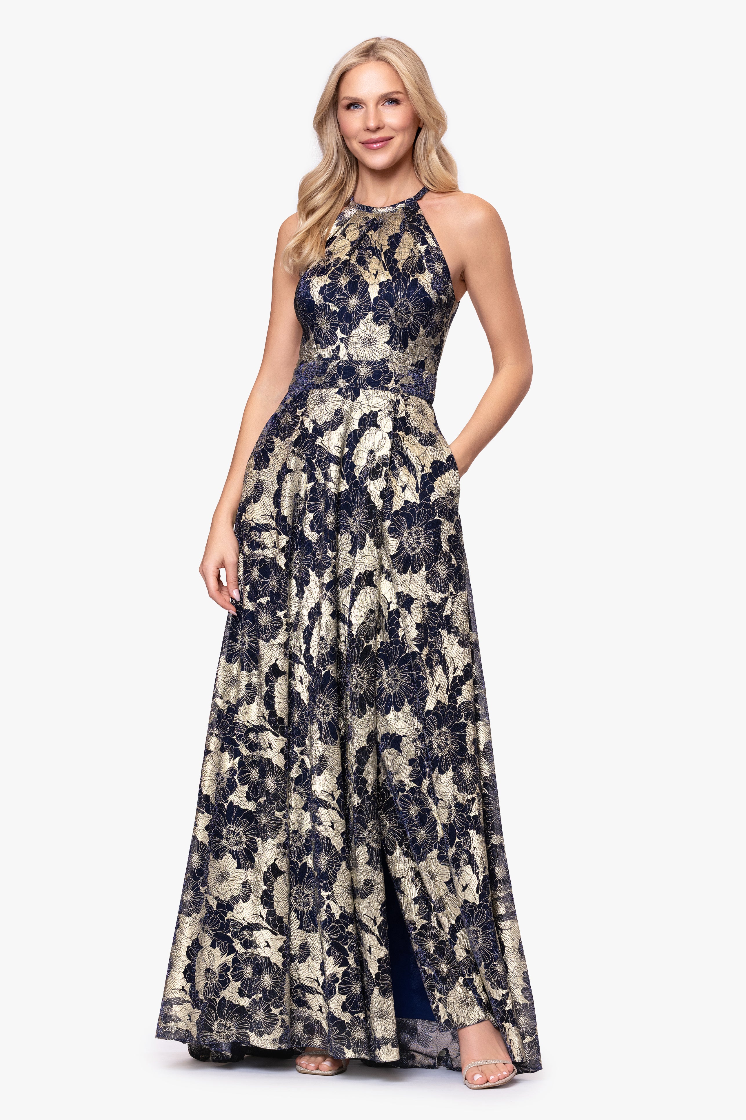 Petite "Layla" Printed Metallic Halter Top Dress