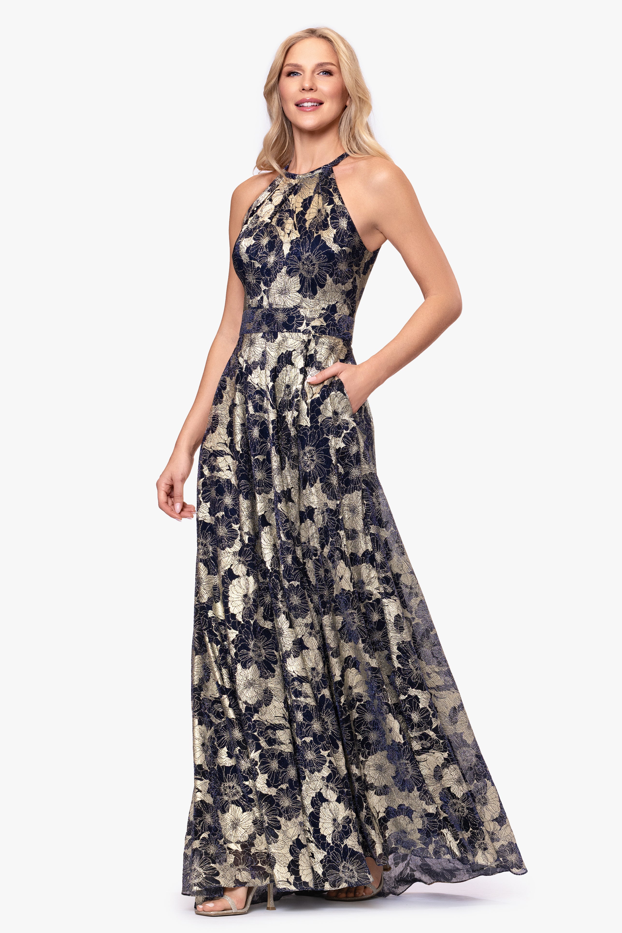Petite "Layla" Printed Metallic Halter Top Dress
