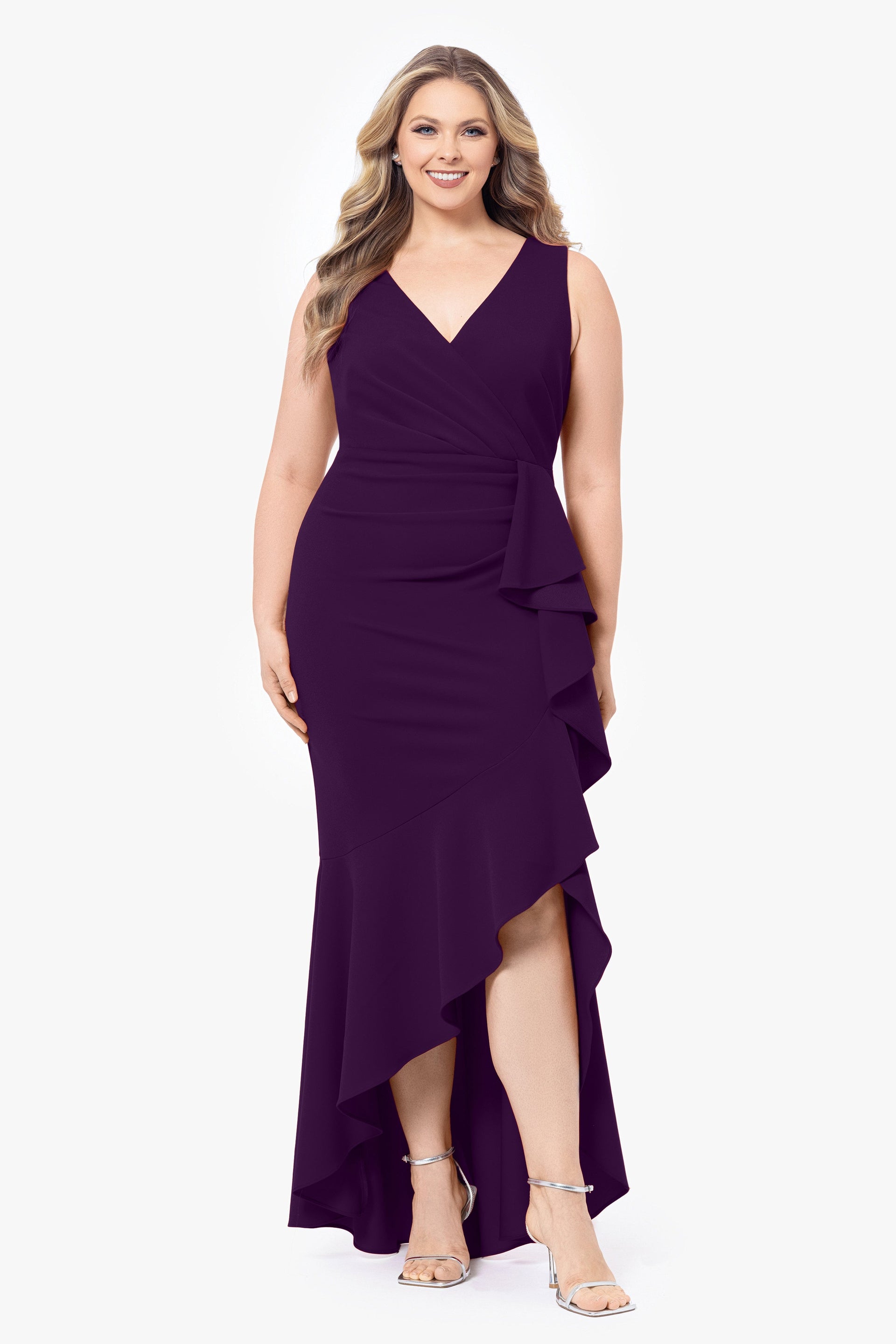 Plus "Candace" V Neck Hi Low Cascade Dress