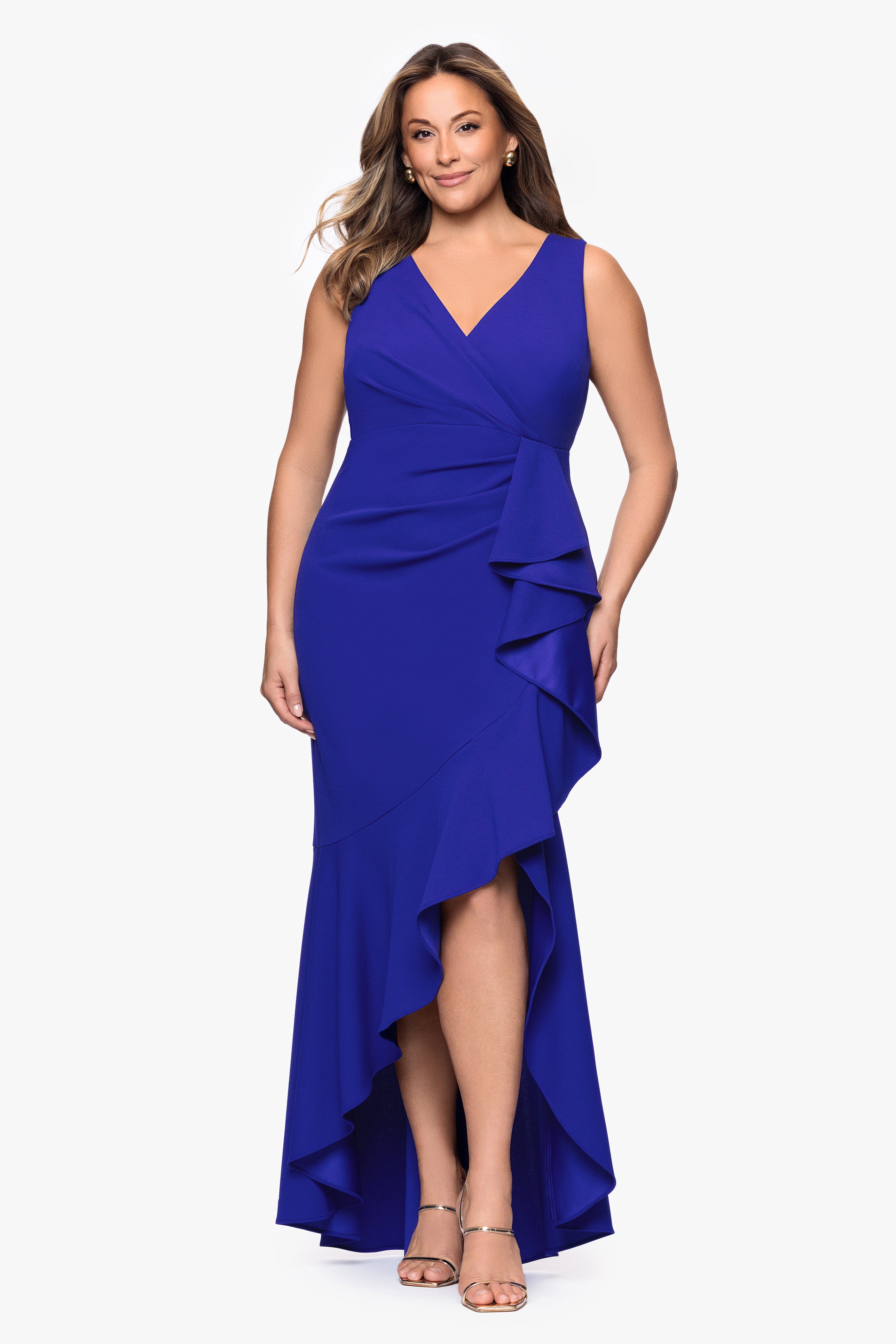 Plus "Candace" Long V- Neck Hi Low Cascade Dress