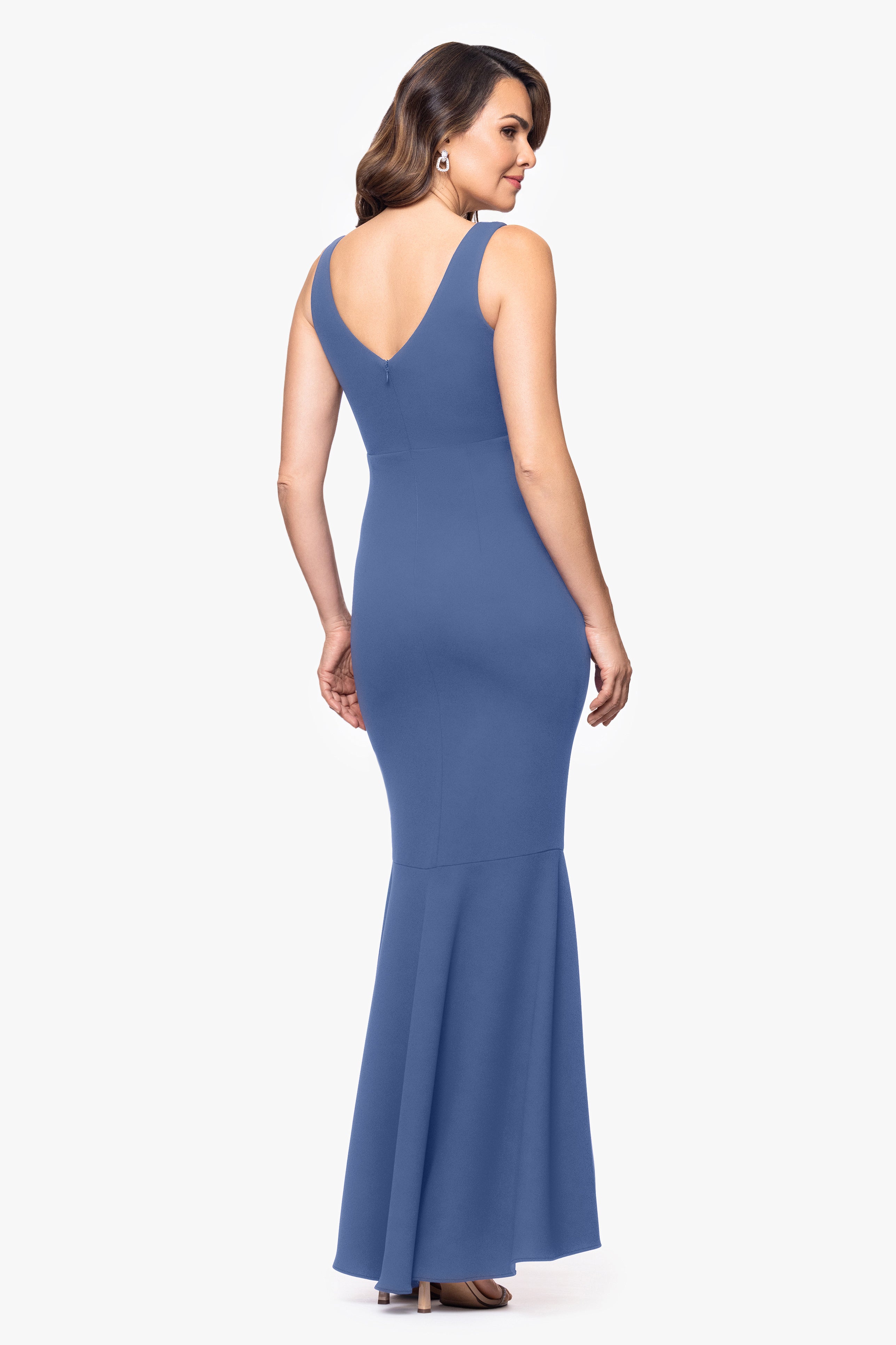 "Candace" Long V- Neck Hi Low Cascade Dress