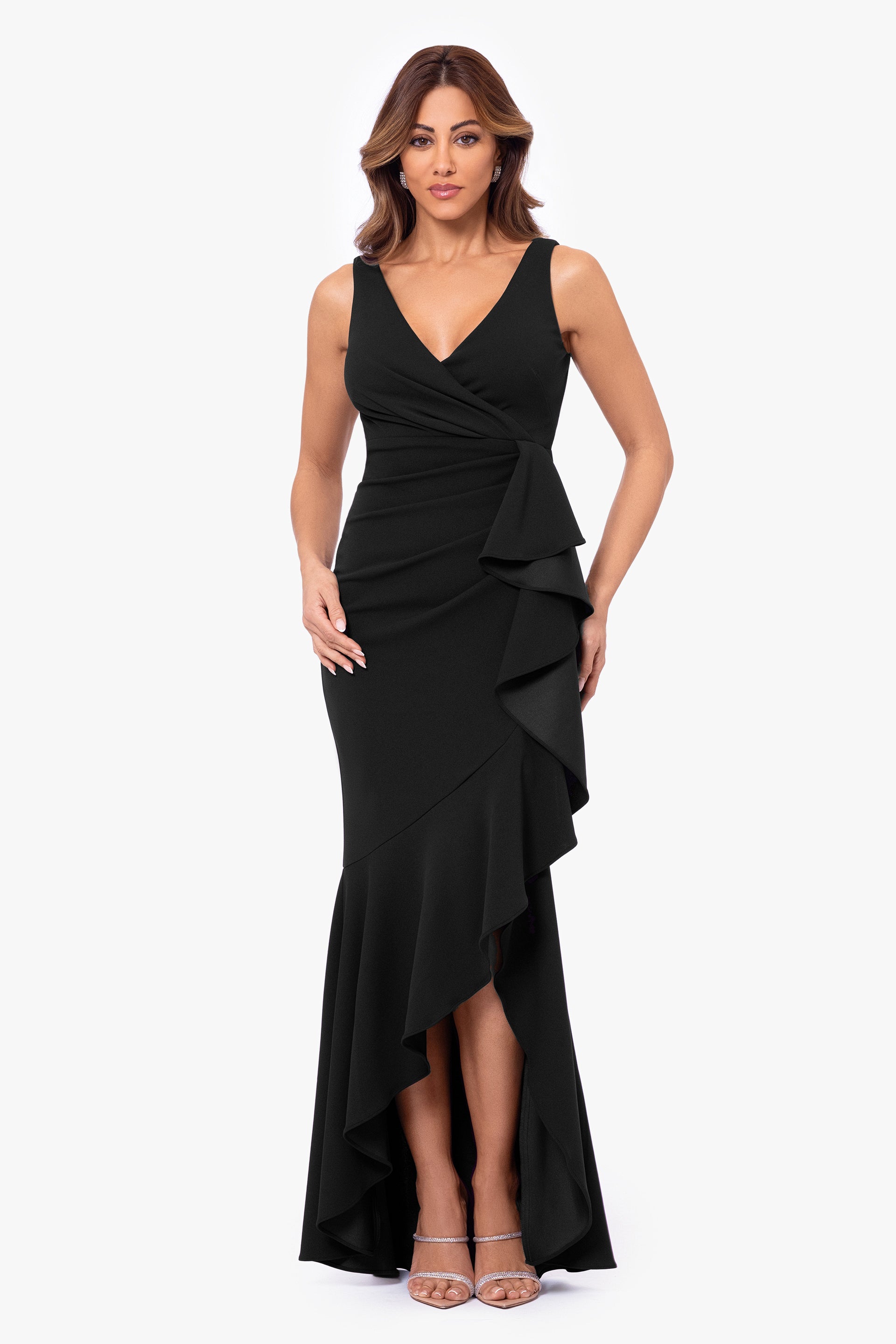 Petite "Candace" V Neck Hi Low Cascade Dress