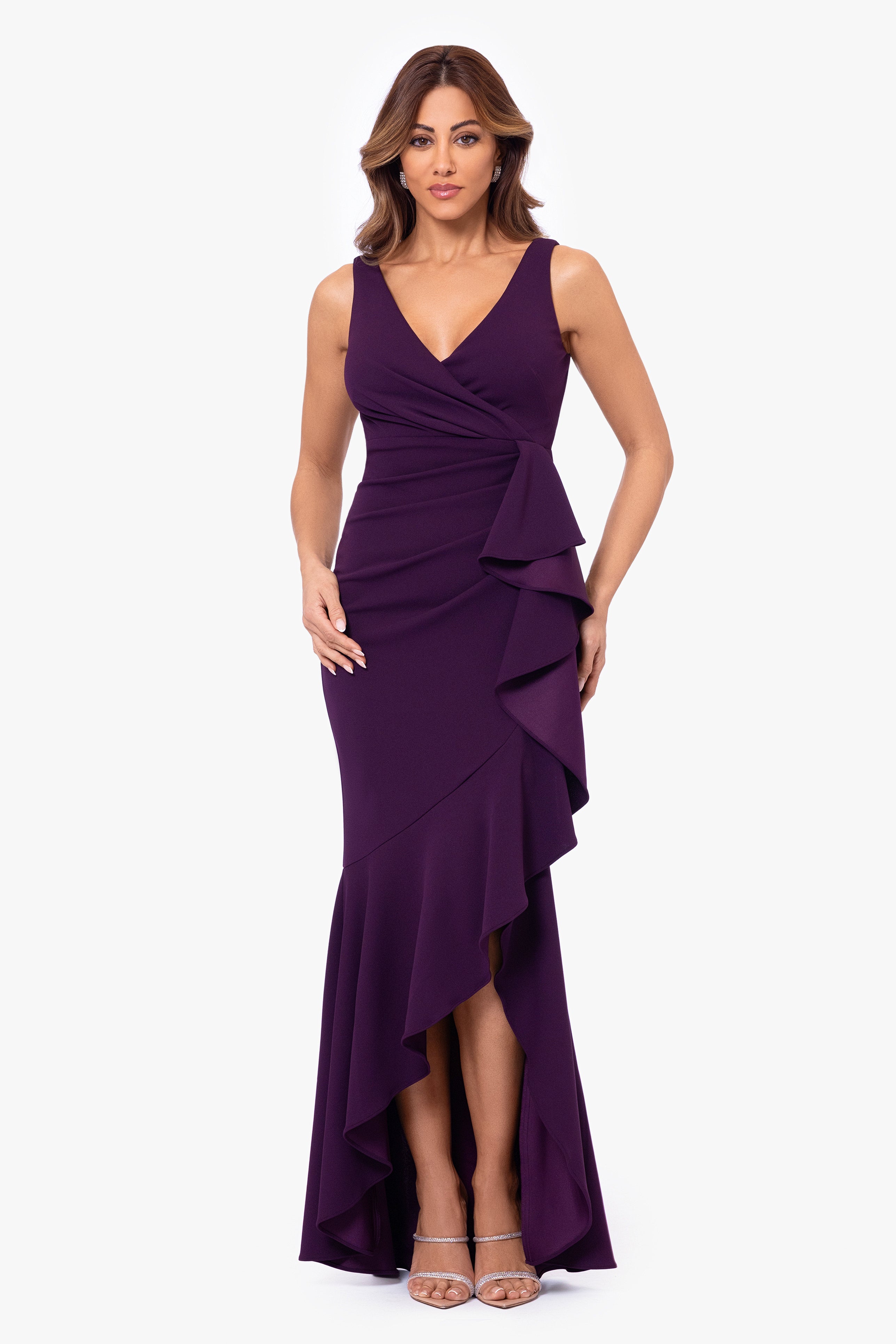 Petite "Candace" V-Neck Hi Low Cascade Dress