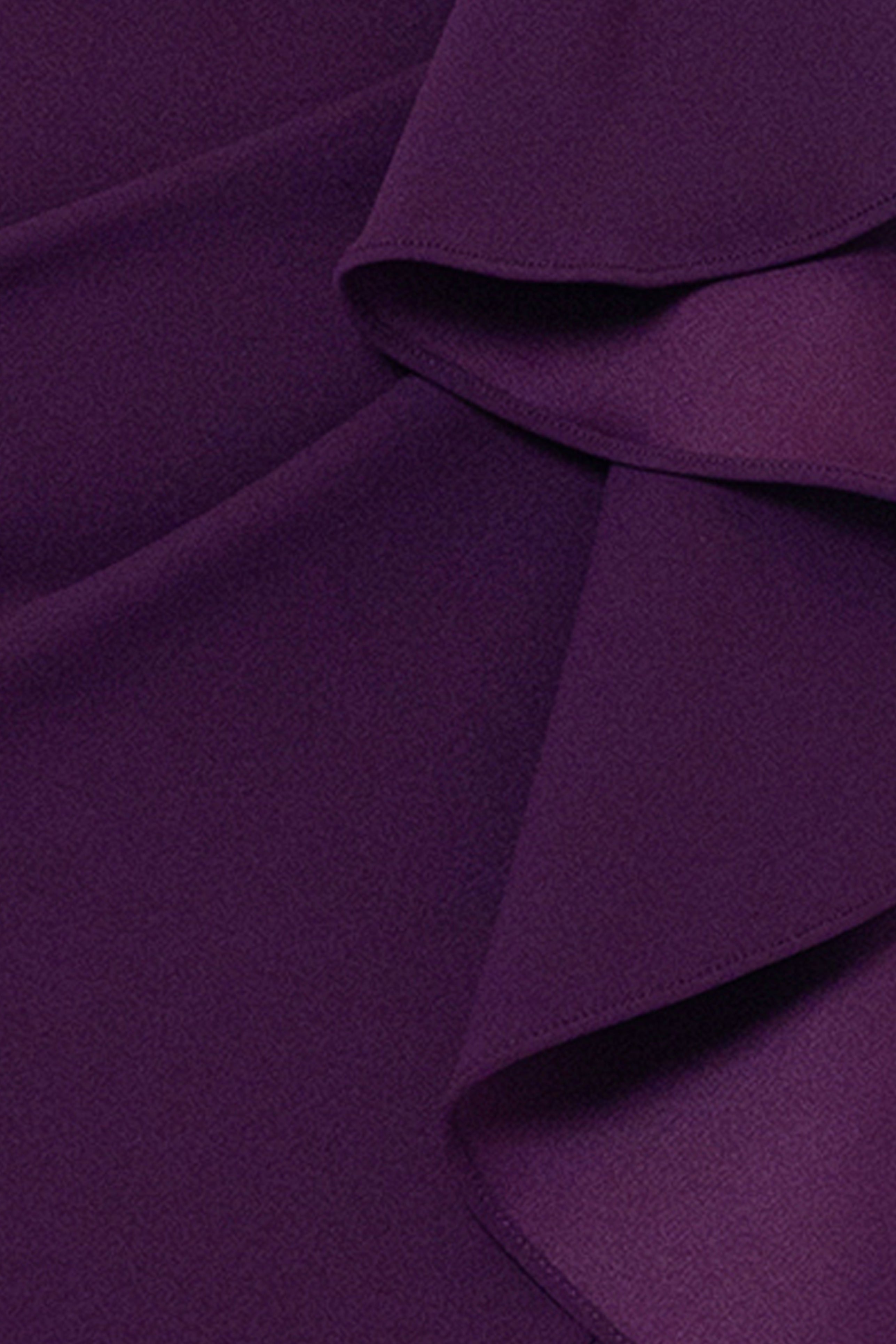 Mulberry “Candace” V-Neck Hi Low Cascade Dress, scuba crepe fabric and ruching detail