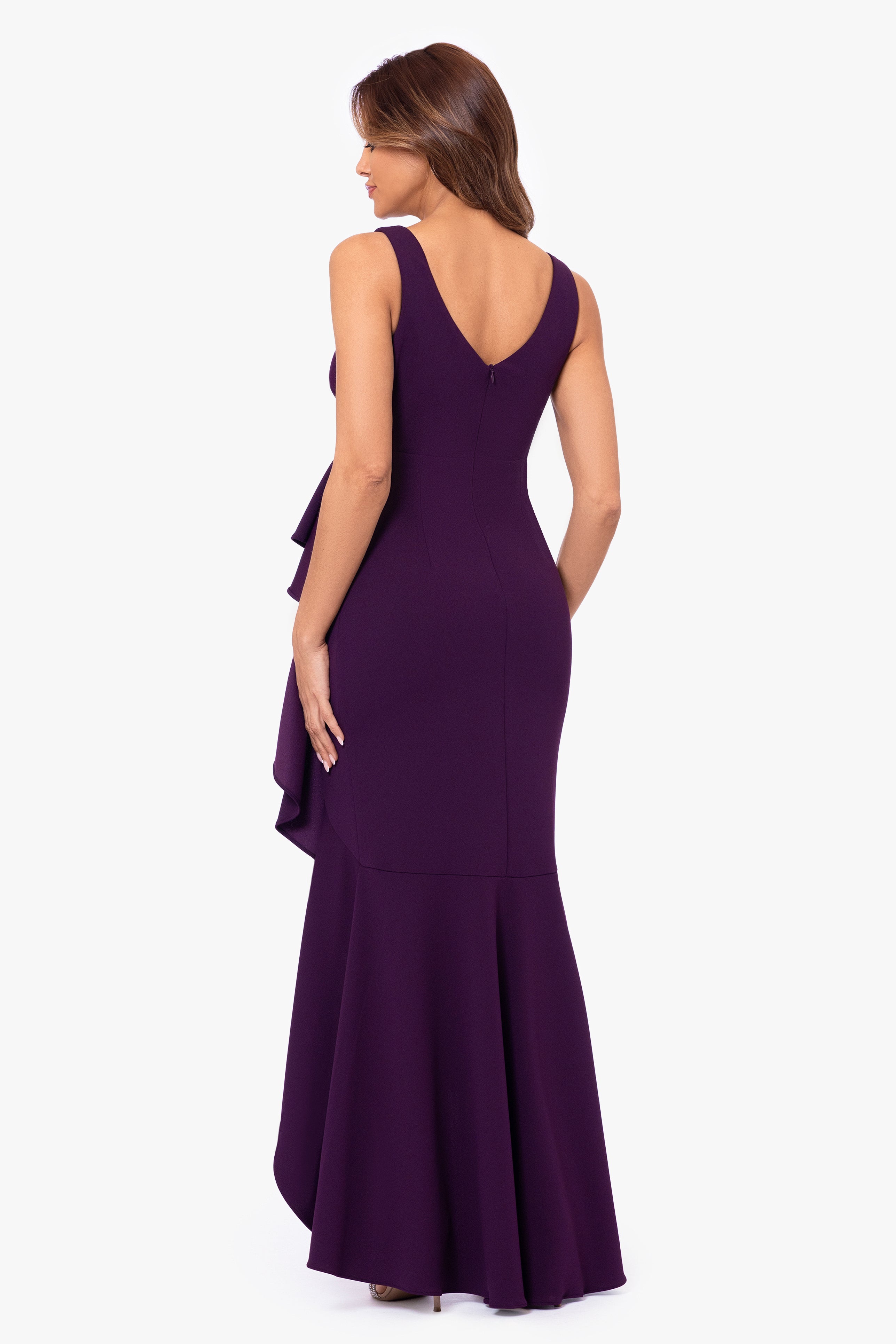 Petite Candace V-neck hi-low cascade dress in mulberry, back view.