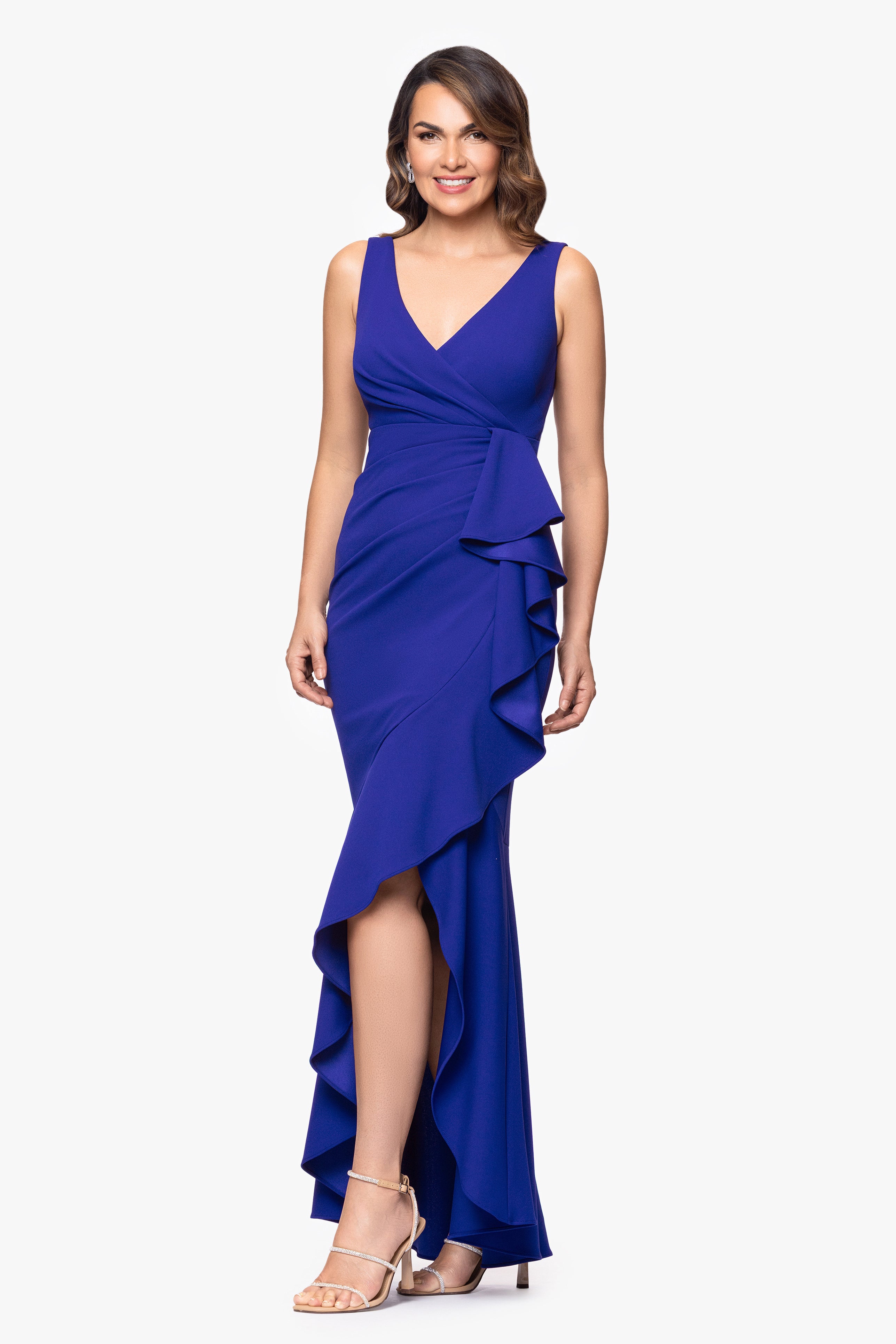"Candace" Long V- Neck Hi Low Cascade Dress