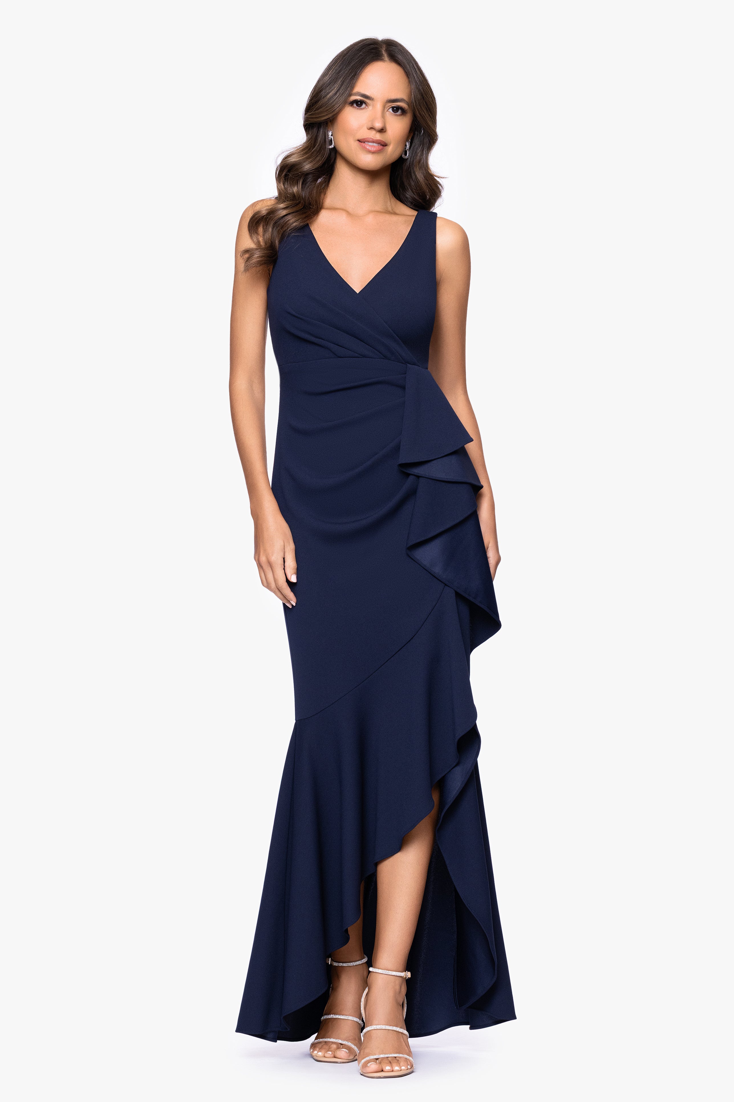 "Candace" Long V- Neck Hi Low Cascade Dress