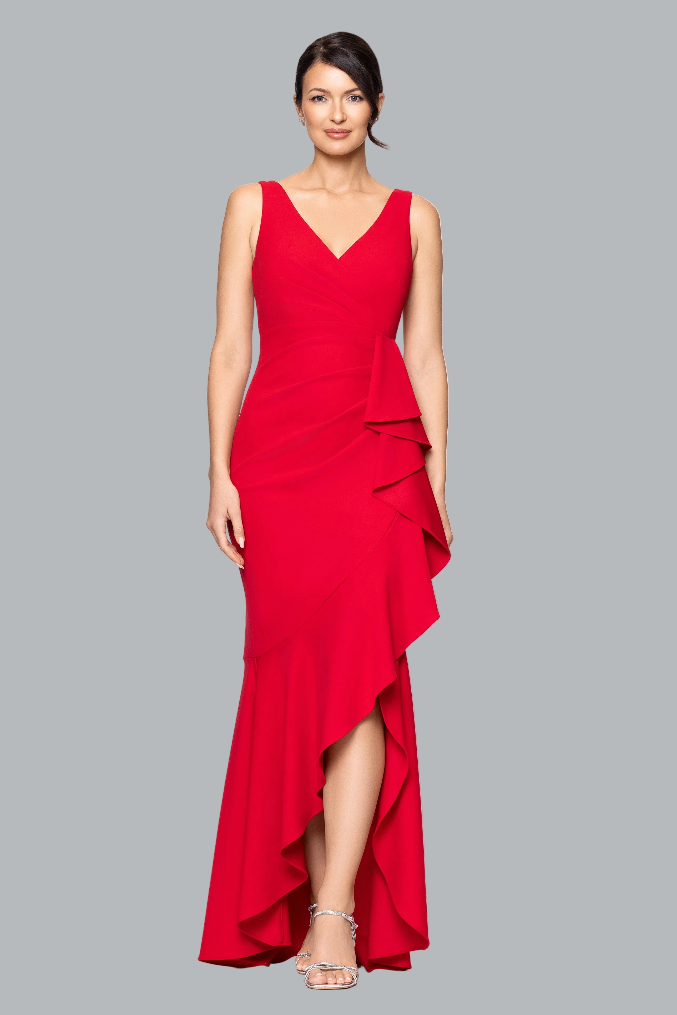 Candace Long V- Neck Hi Low Cascade Dress New Fuchsia / 4
