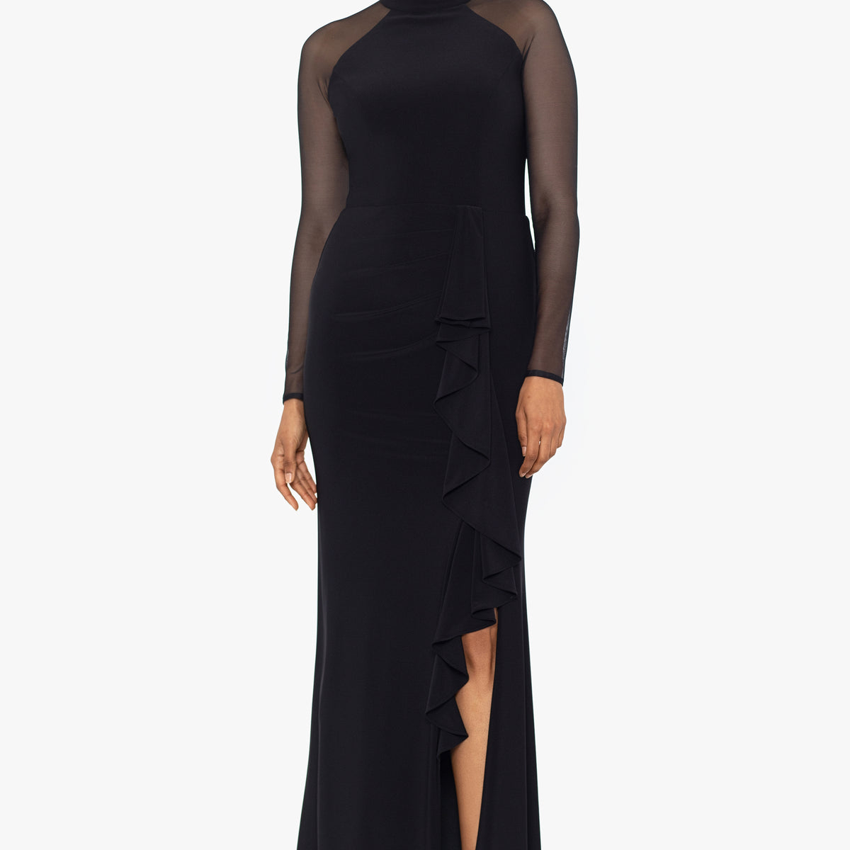 Natalie Long Mock Neck Mesh Sleeve Dress Navy / 12 Natalie Long Mock Neck Mesh Sleeve Dress Navy / 12