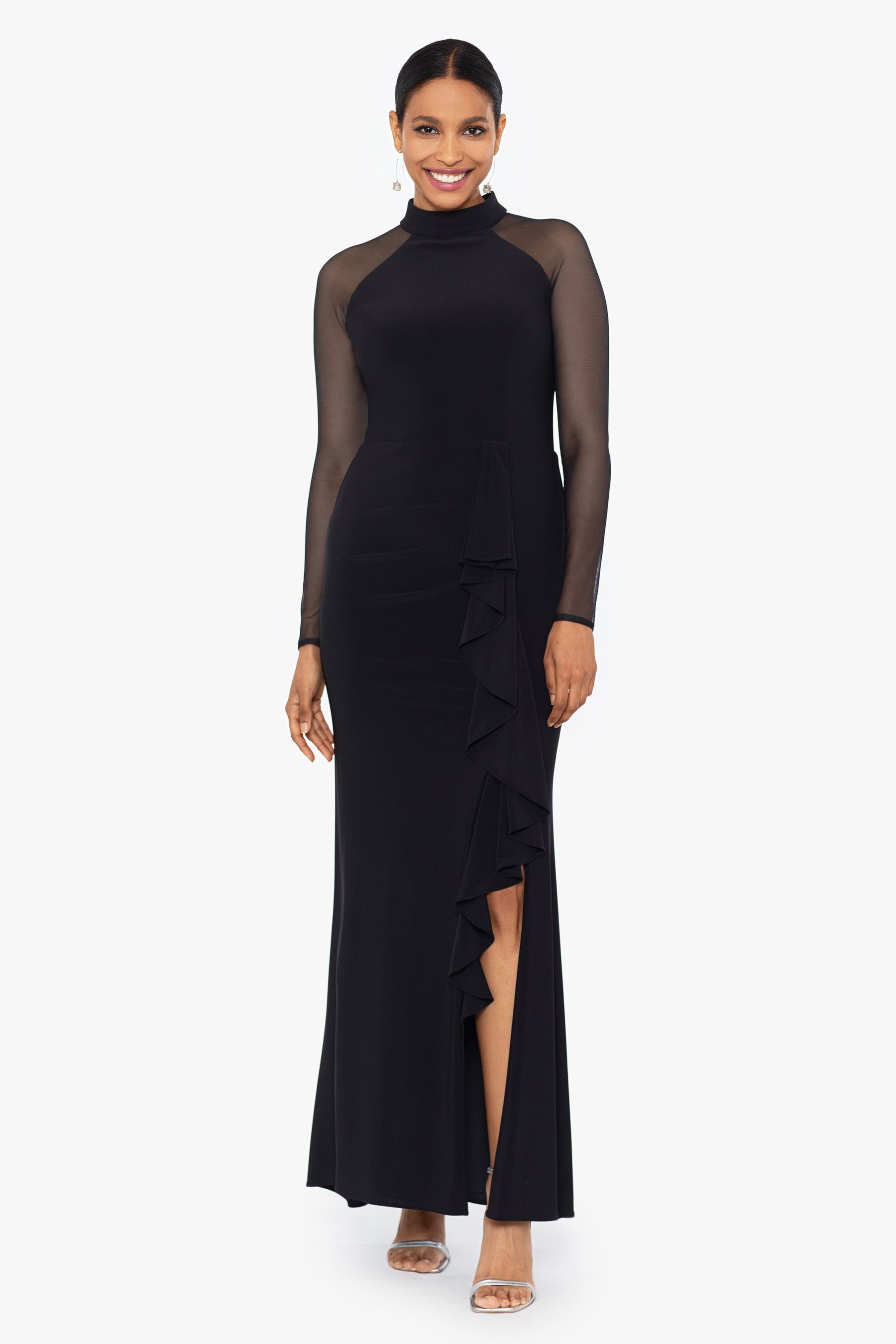 Fore Collection Mock Neck Mesh Long Sleeve Midi Dress
