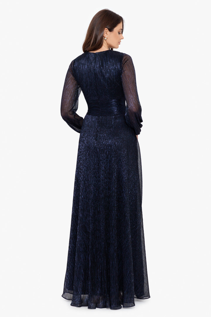 "Reign" Long Sleeve V Neck Metallic Knit Wrap Dress Betsy & Adam