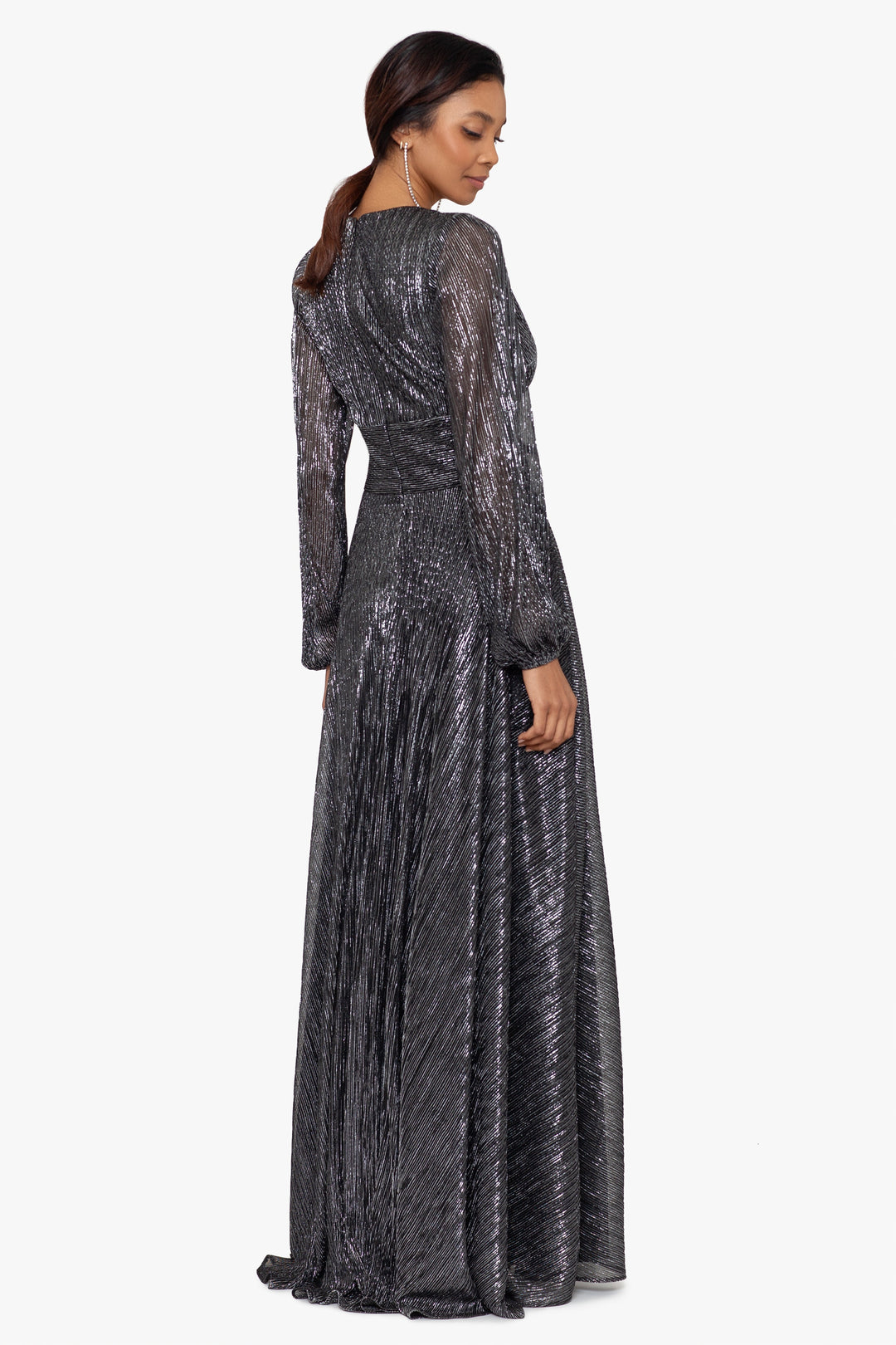 "Reign" Long Sleeve V Neck Metallic Knit Wrap Dress Betsy & Adam